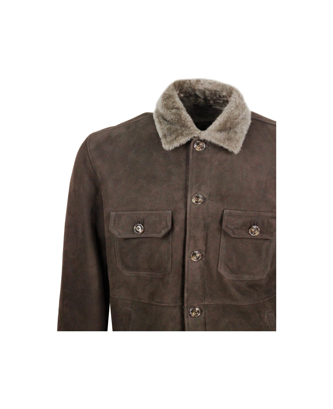 Barba Napoli Jacket In Fine And Soft Shearling Sheepskin With Button Closure, Front Welt Pockets And On The Chest - Brown
