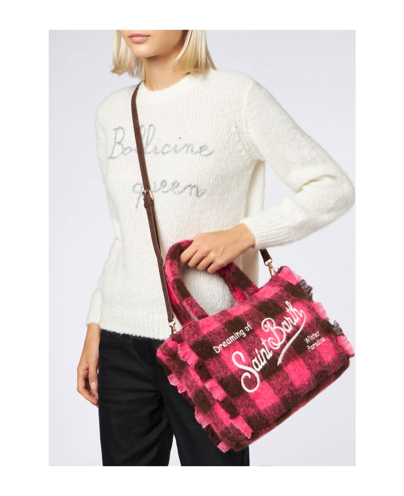 MC2 Saint Barth Wooly Colette Fringed Handbag With Check Pattern - PINK