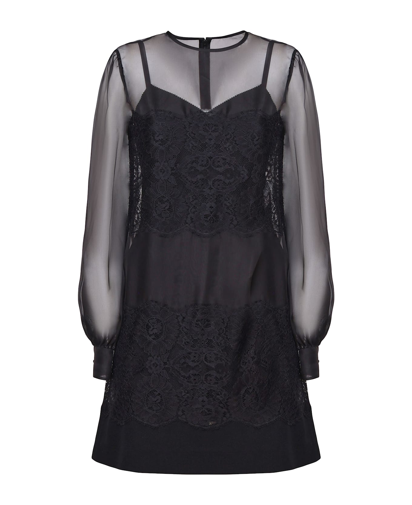 Dolce & Gabbana Short Dress In Silk Organza With Lace Inlays - Black