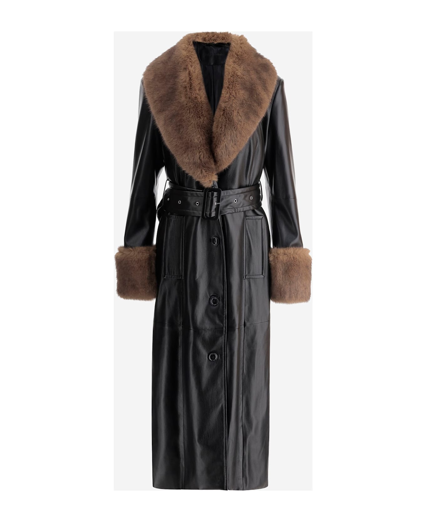 STAND STUDIO Estella Synthetic Leather Coat With Fur Details - Black