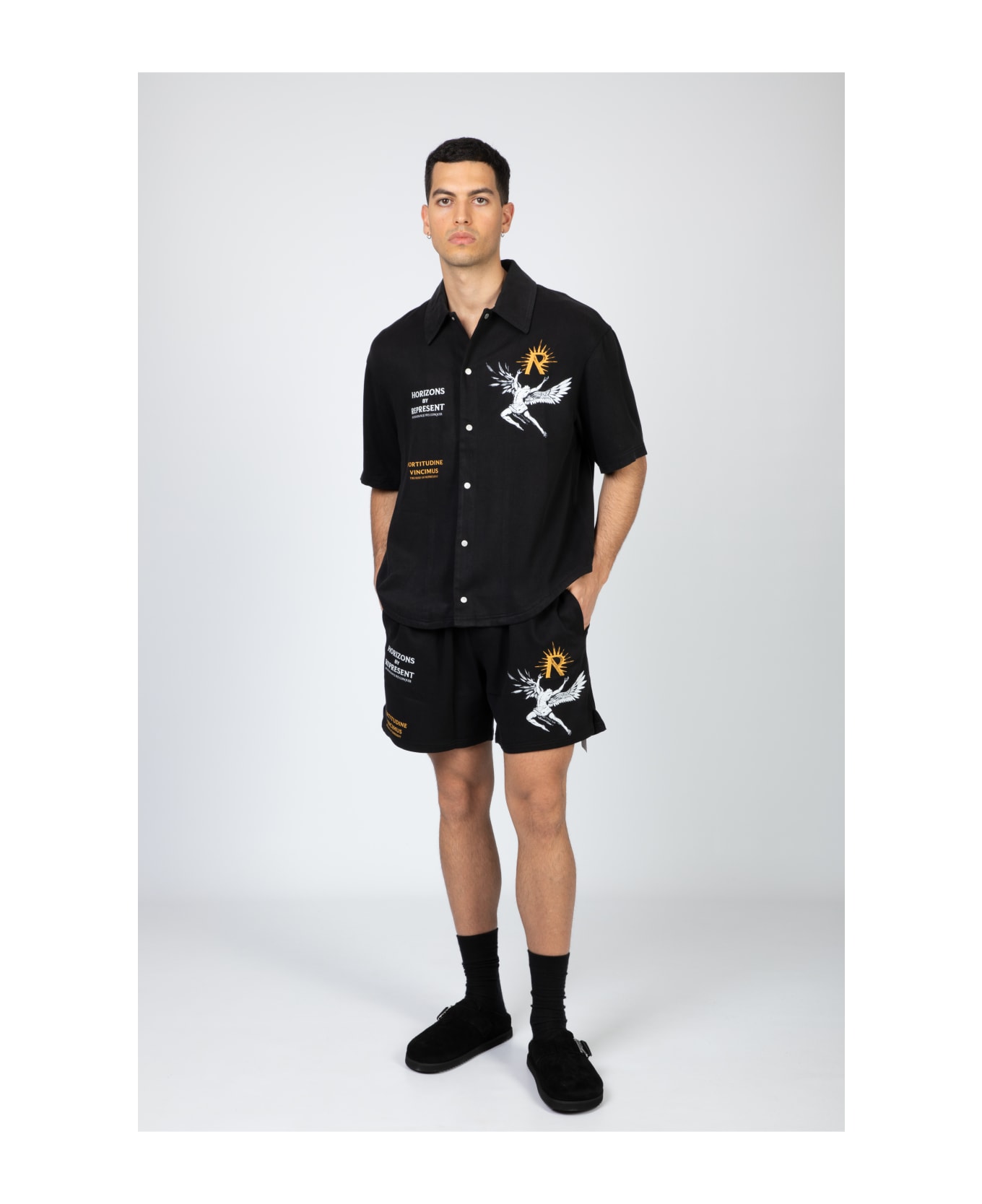 REPRESENT Icarus Short Black lyocell shorts with Icarus graphic print and logo - Icarus Short - Nero