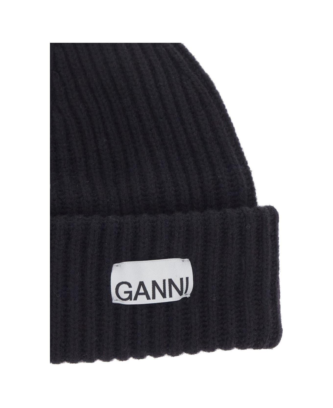 Ganni Black Logo Beanie - BLACK 帽子