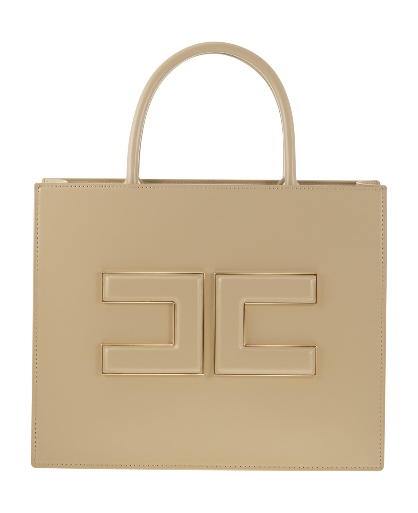 Elisabetta Franchi Medium Shopper With Logo Plaque - Sand