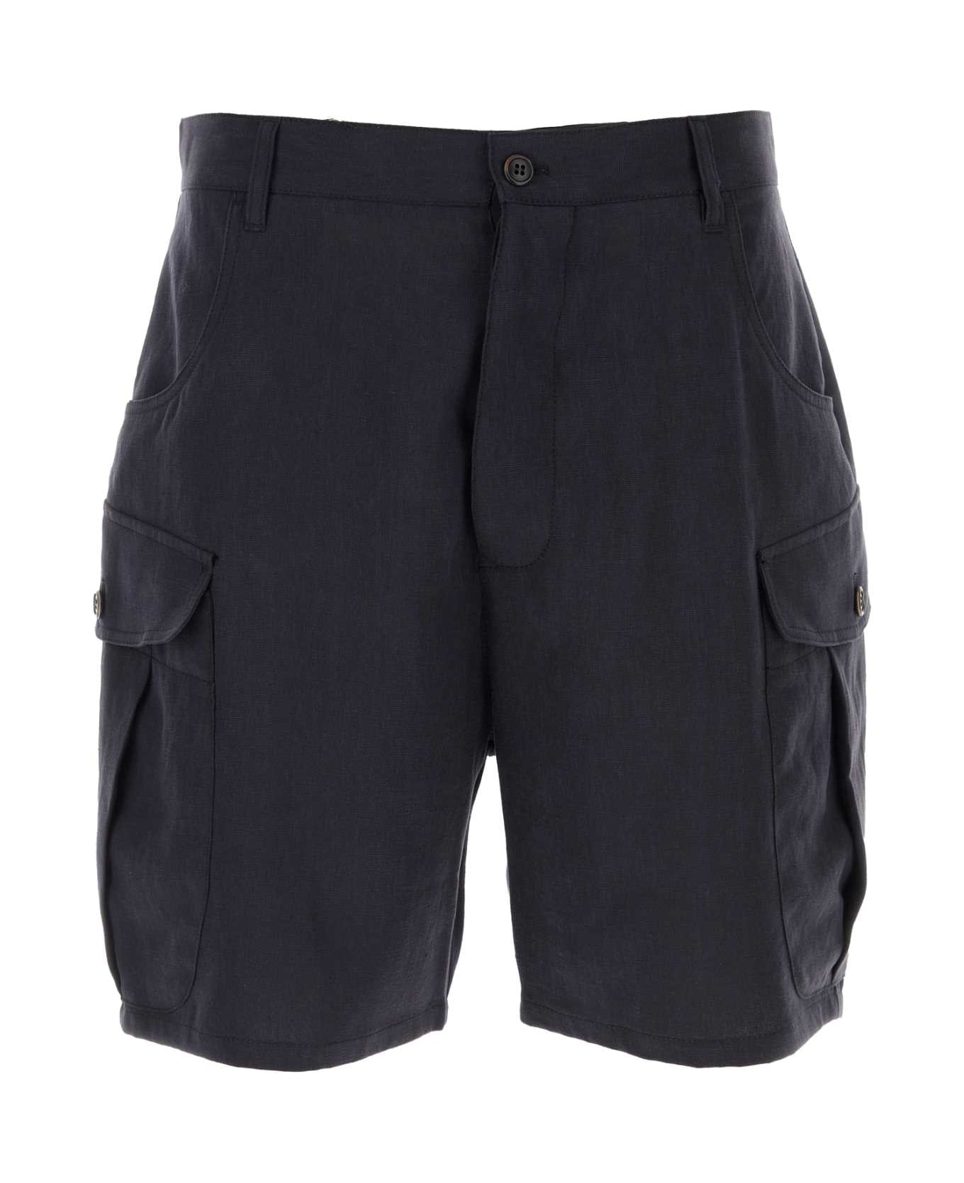 Giorgio Armani Navy Blue Linen Bermuda Shorts - NIGHTSKY