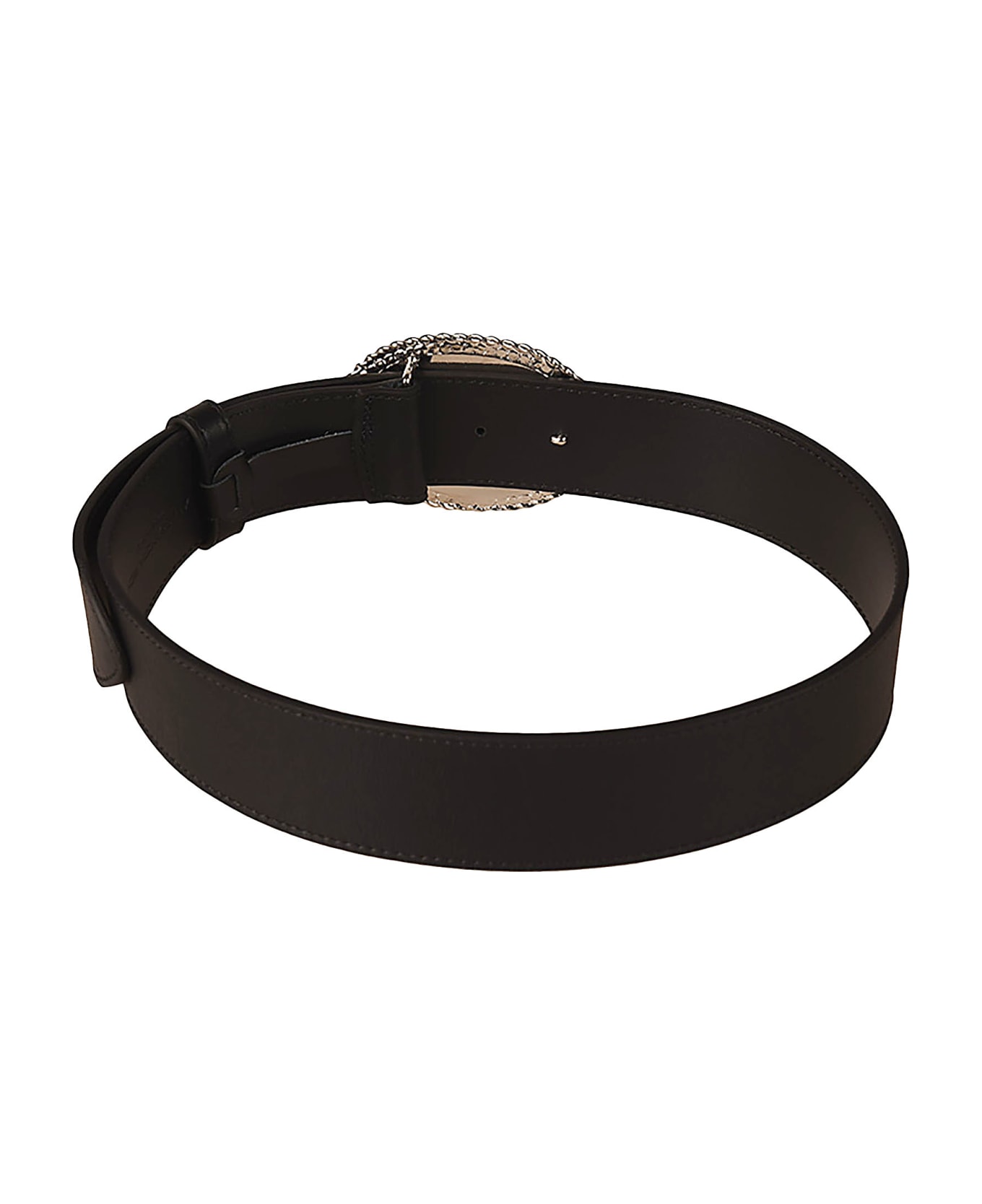 Alessandra Rich Oval Buckle Pearl Detail Leather Belt - Black/Silver