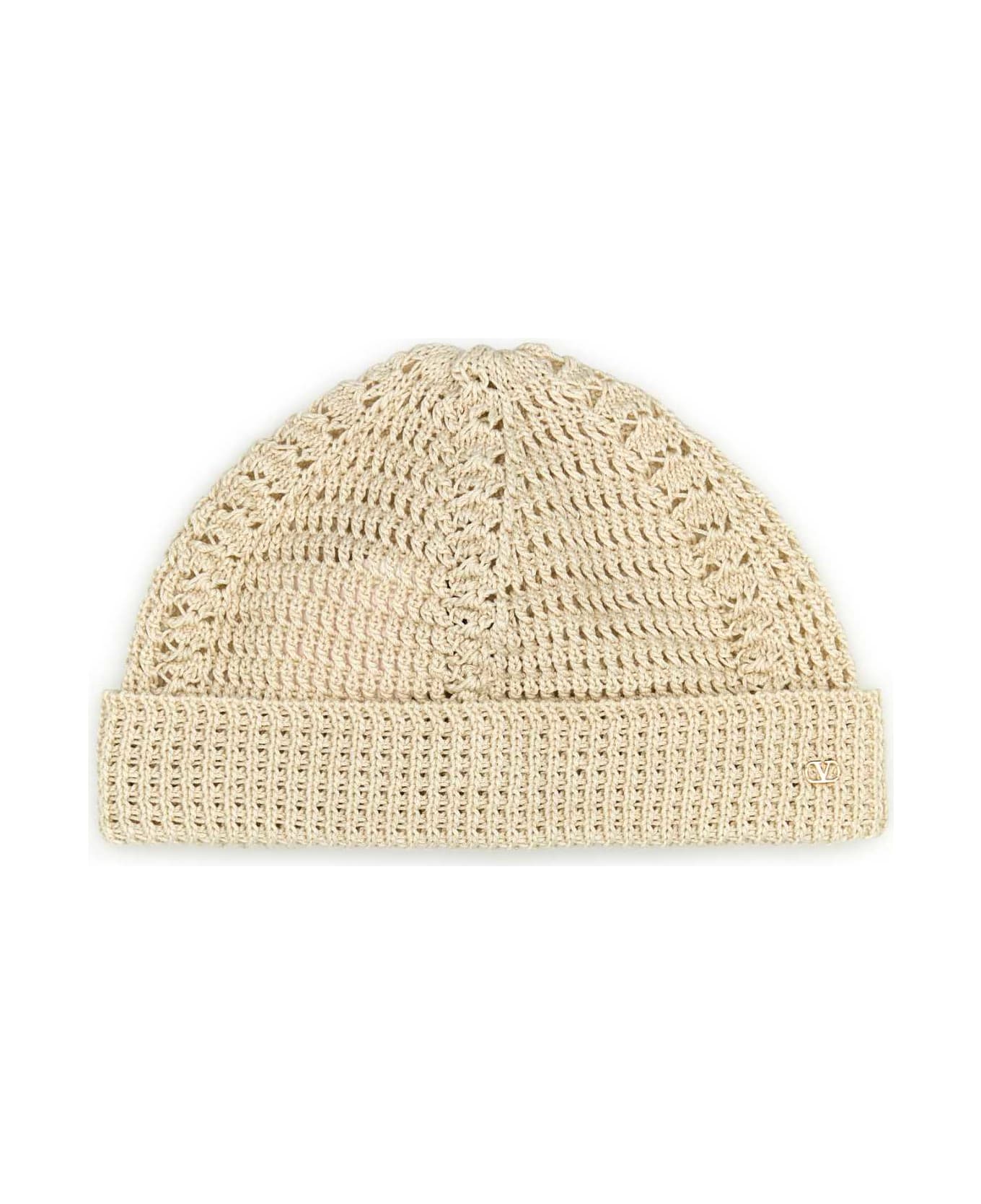 Valentino Garavani Sand Cotton Knitted Vlogo Signature Beanie Hat - BURRO