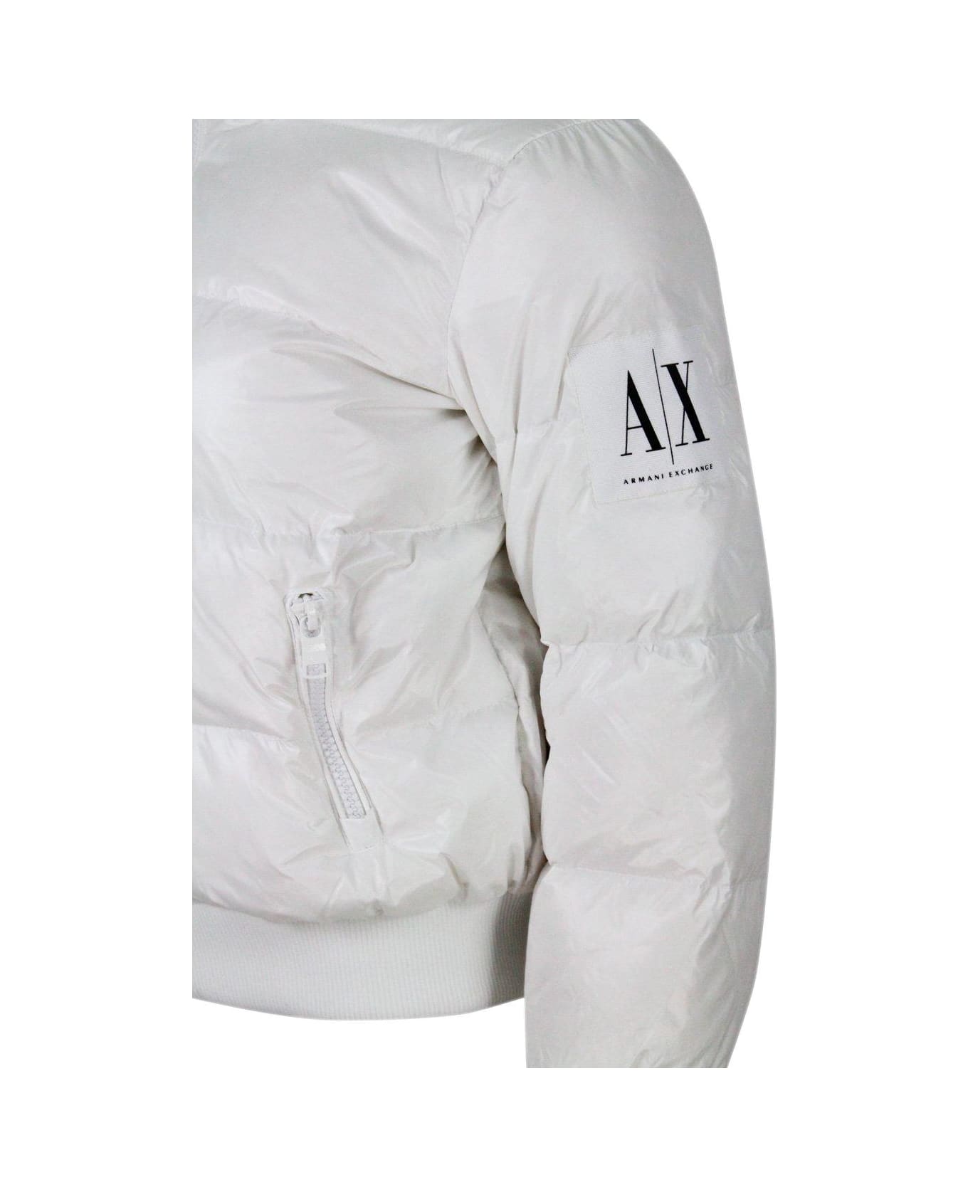 Armani Exchange Hooded Zipped Puffer Jacket - White