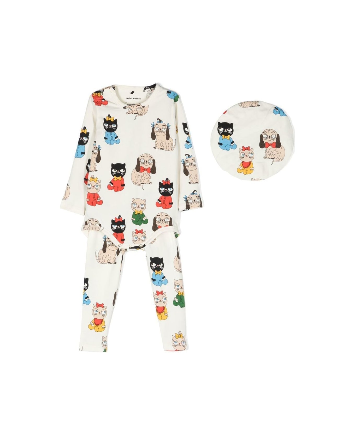Mini Rodini White Onesie And Hat Set With Cartoon Print In Stretch Cotton Baby - Multicolor