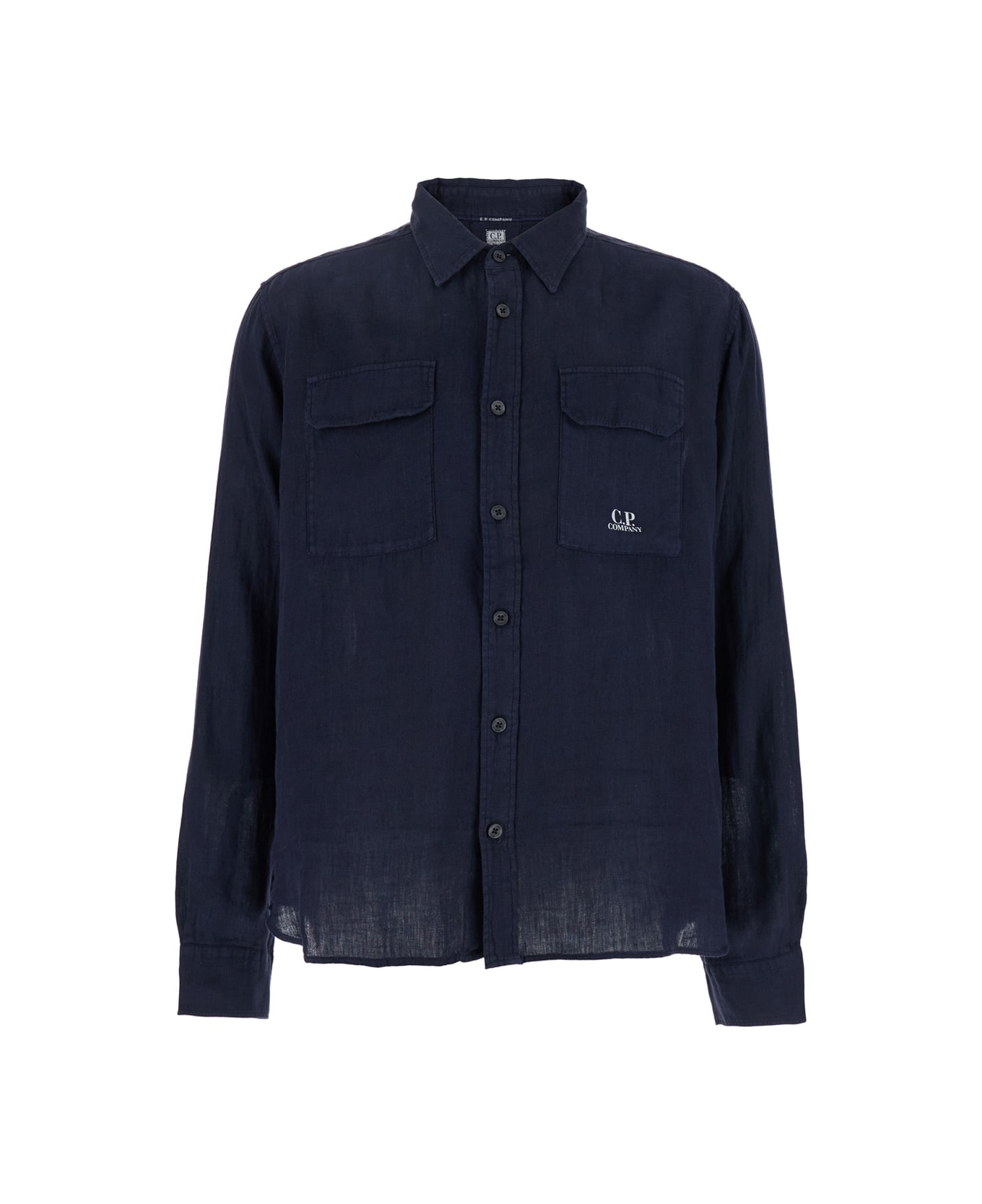 C.P. Company Blue Shirt With Lettering Logo Printed On The Front In Linen Man - Blu
