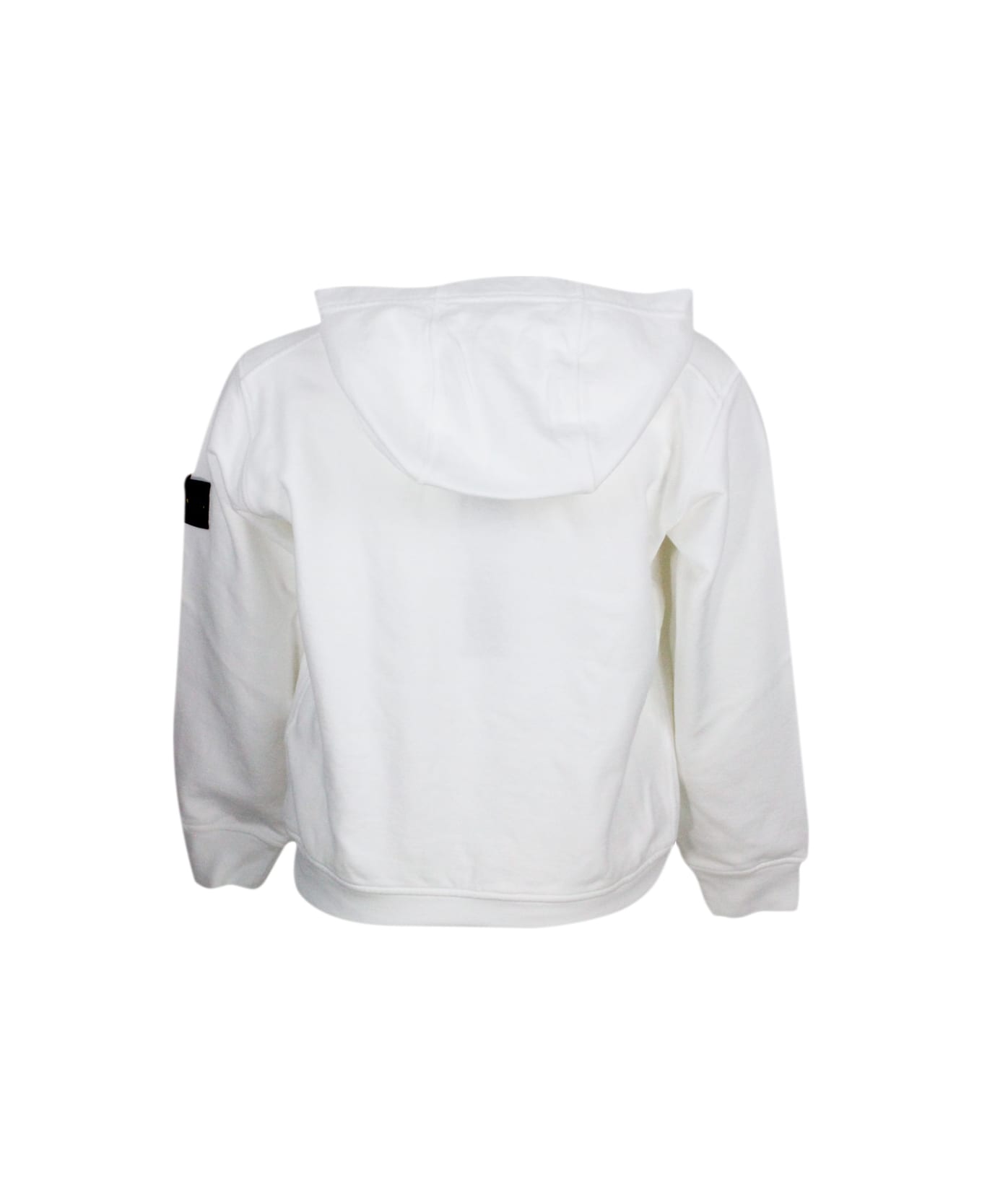 Stone Island Junior Cotton Sweatshirt With Hood, Kangaroo Pockets And Logo On The Sleeve - White