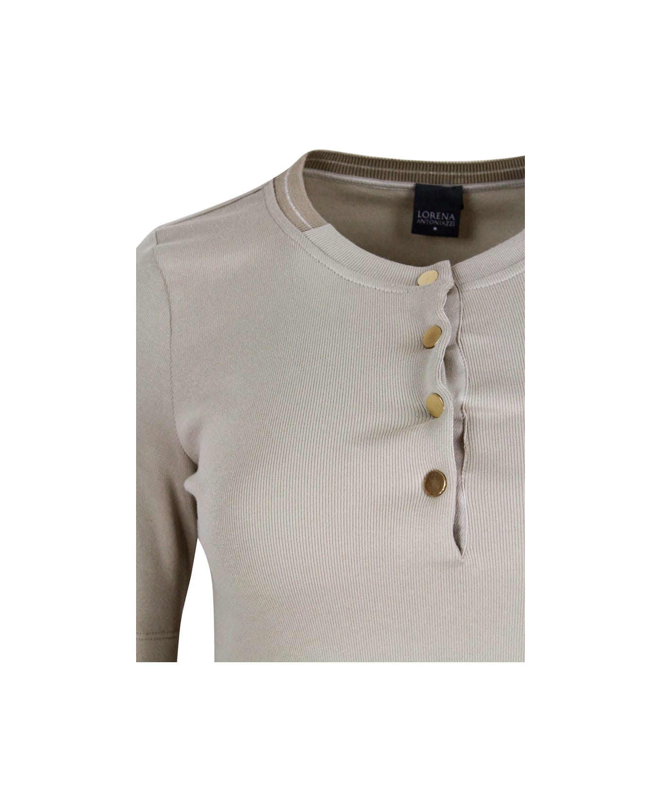Lorena Antoniazzi Short-sleeved Ribbed Crew-neck Cotton T-shirt With Button Closure And Swarosky Star - Beige