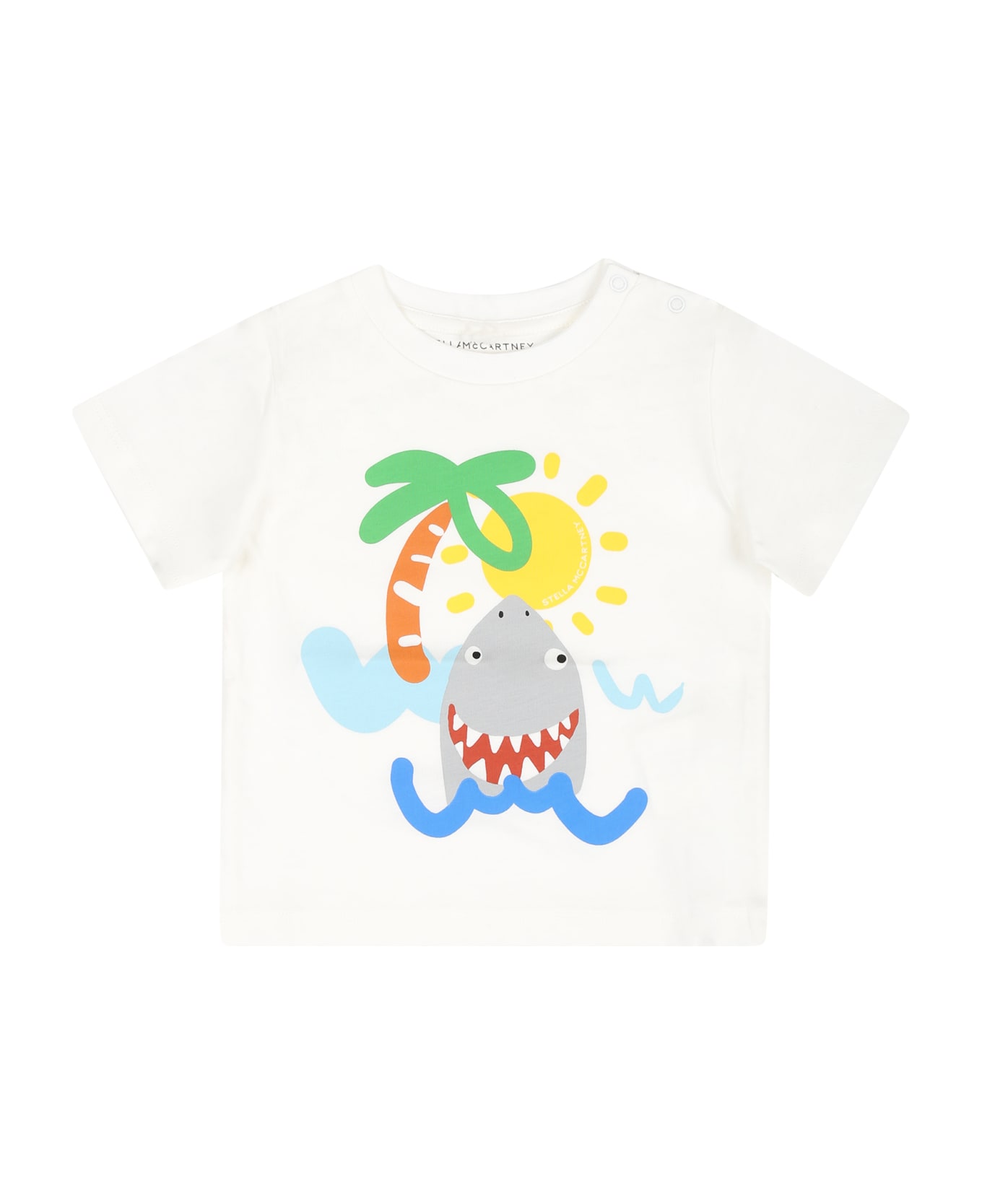 Stella McCartney Kids White T-shirt For Baby Boy With Shark Print - Ivory Tシャツ＆ポロシャツ