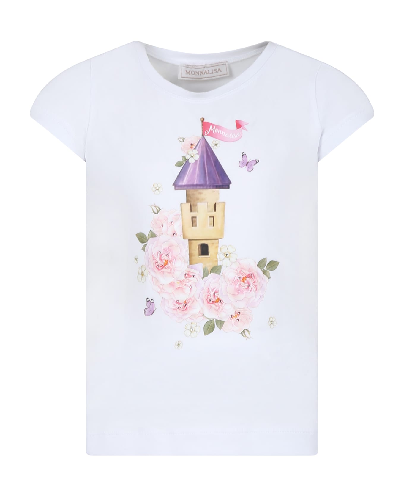 Monnalisa White T-shirt For Girl With Castle Print And Logo - White Tシャツ＆ポロシャツ