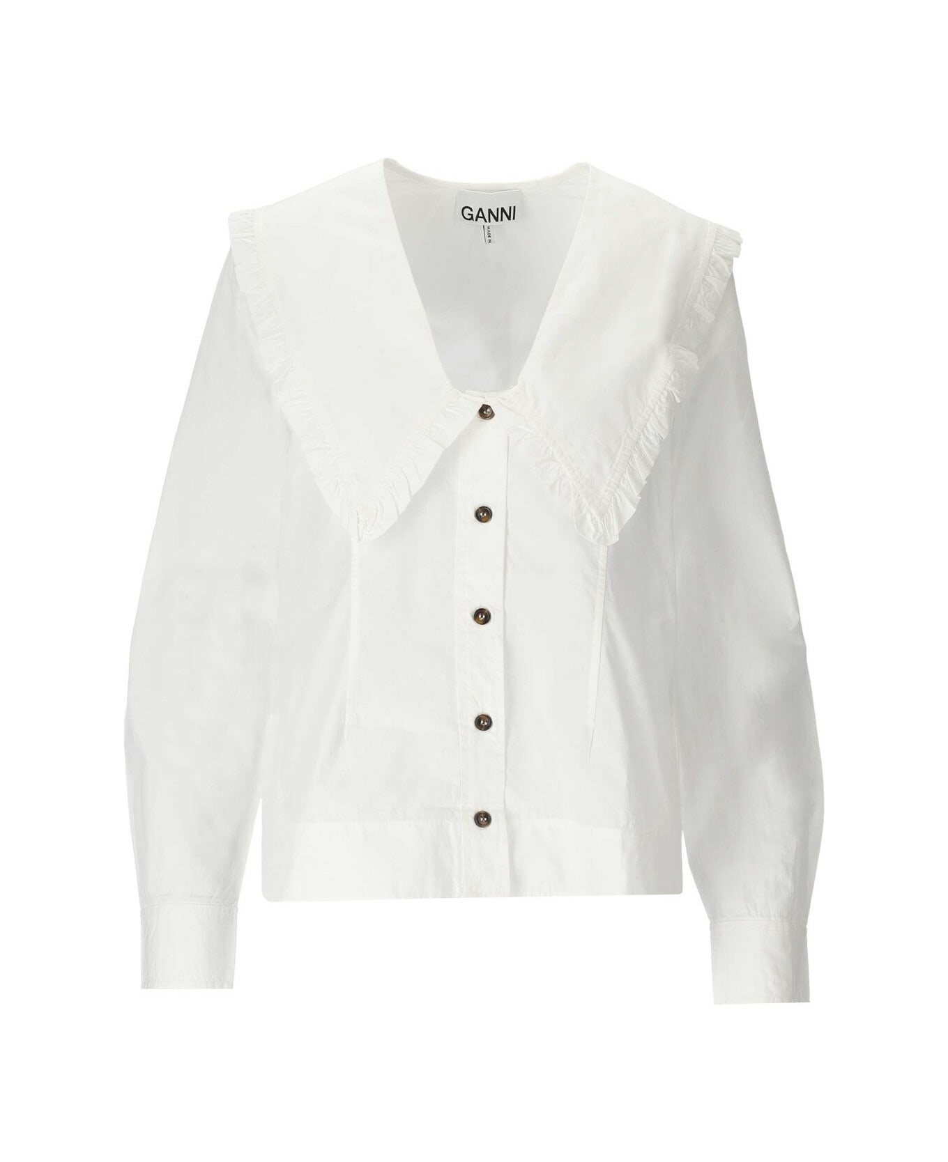 Ganni White Shirt With Maxi Collar - Bianco