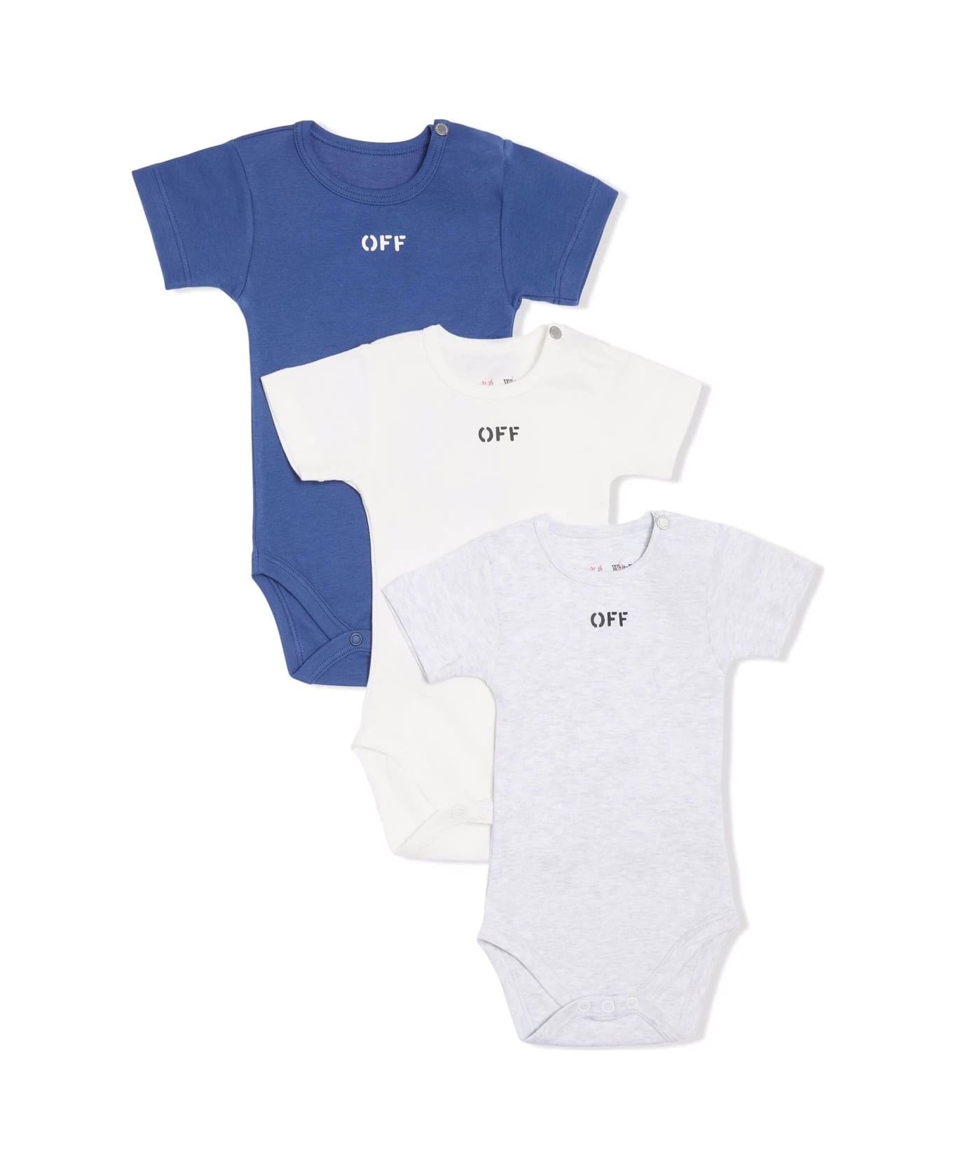 Off-White Set Of 3 Short Sleeve Baby Body In Blue, White And Grey - Multicolor