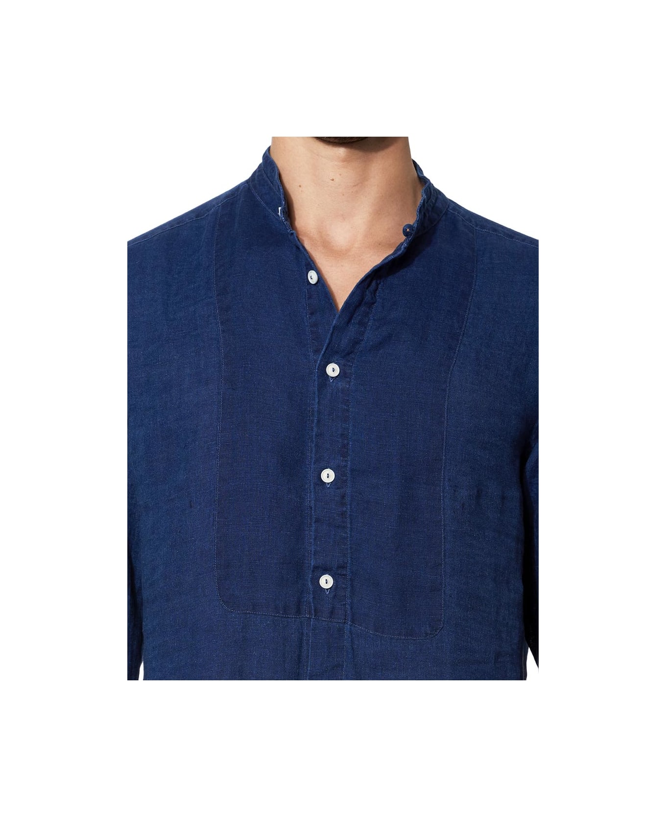 MC2 Saint Barth Blue Denim Linen Man Shirt Korean Collar - BLUE