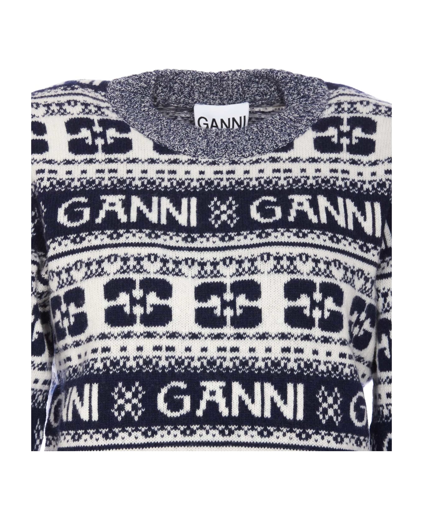 Ganni Logo Wool Mix O-neck Sweater - Blue ニットウェア