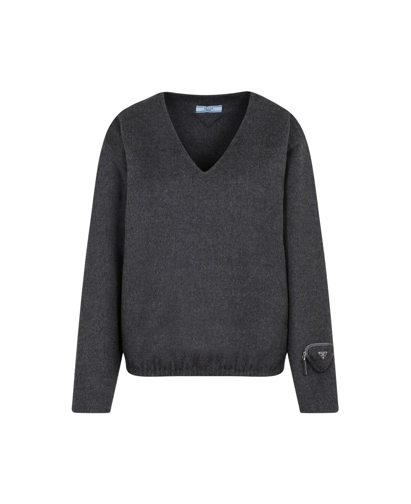 Prada V-neck Triangle Pocket Sleeved Knitted Jumper - Grey