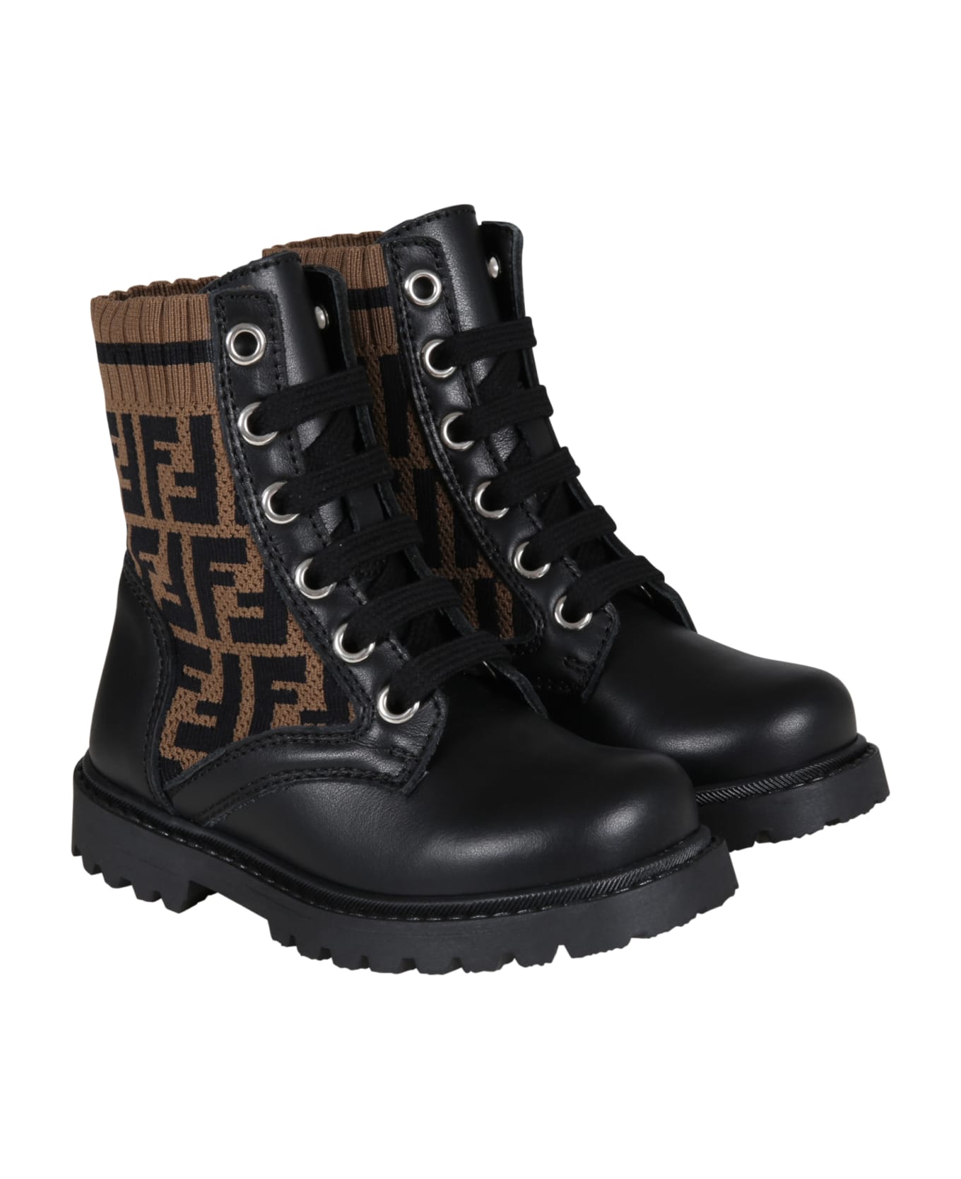 Fendi Black Boots For Kids With Double Ff - Pmm Nero Tabacco Nero