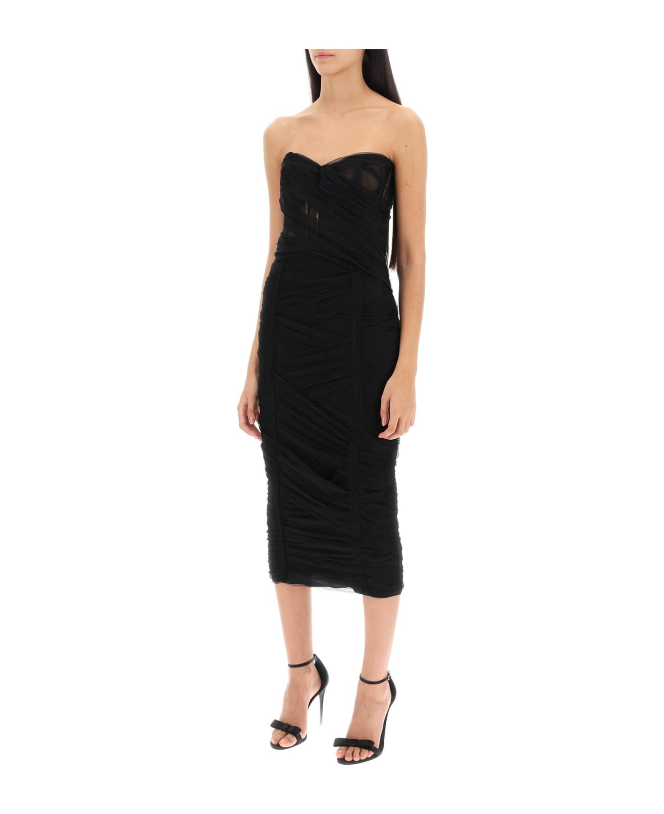 Dolce & Gabbana Midi Bustier Dress In Draped Tulle - NERO (Black)