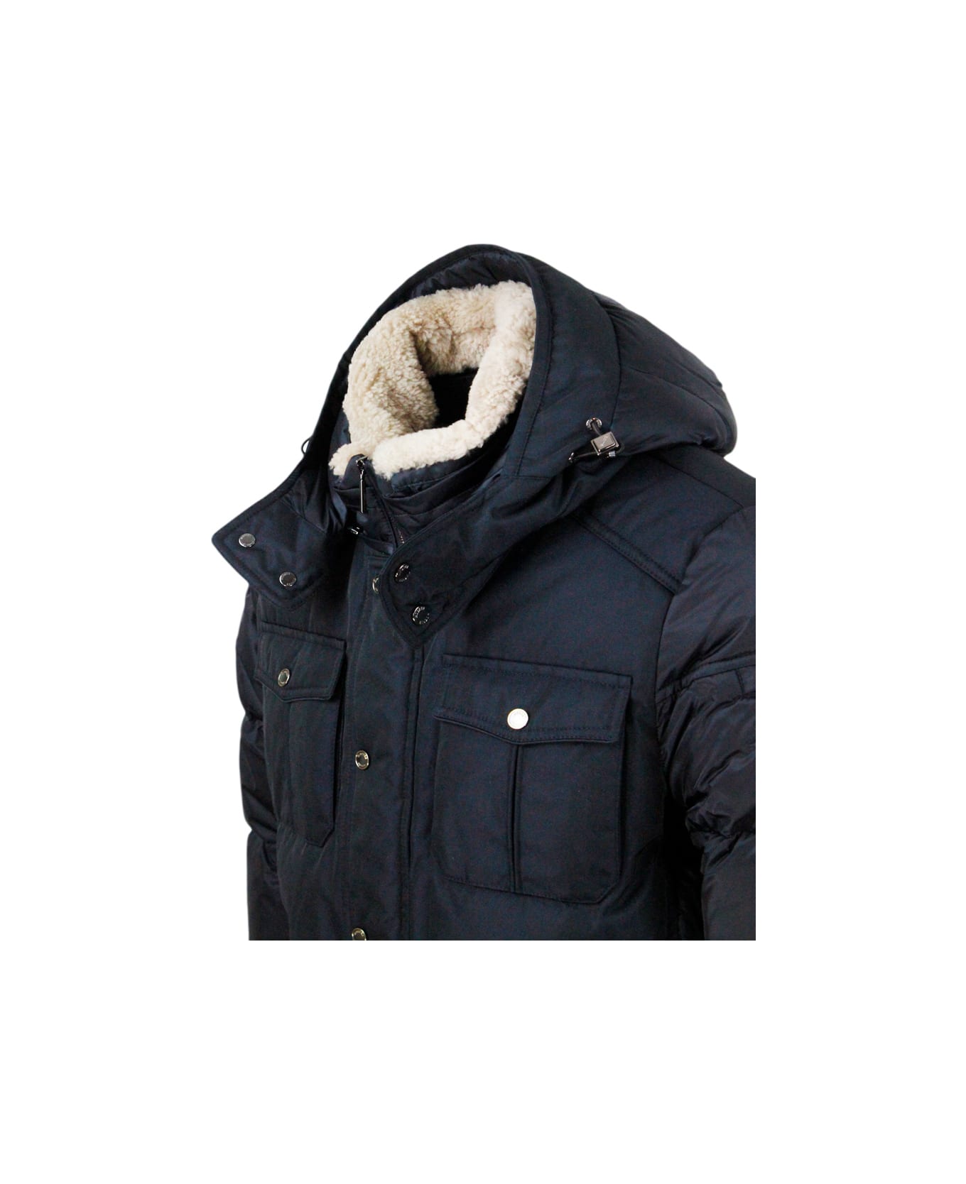 Moorer Bomber Jacket Padded With Goose Feathers With Removable Hood And Collar In Curly Sheepskin, Front And Shoulders In Material, Closure With Zip And Butt - Blu ダウンジャケット