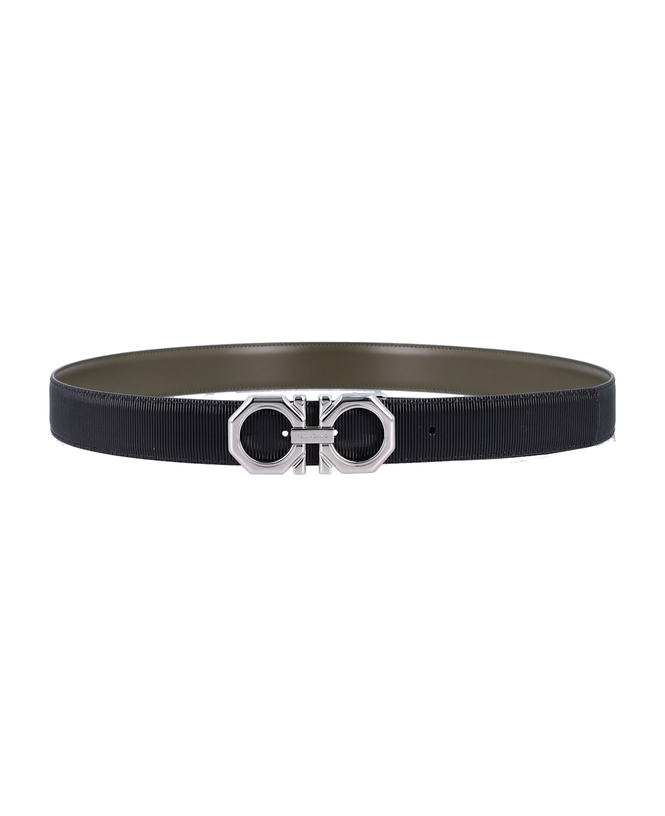 Ferragamo Reversible And Adjustable Gancini Belt - BLACK NEW OLIVE