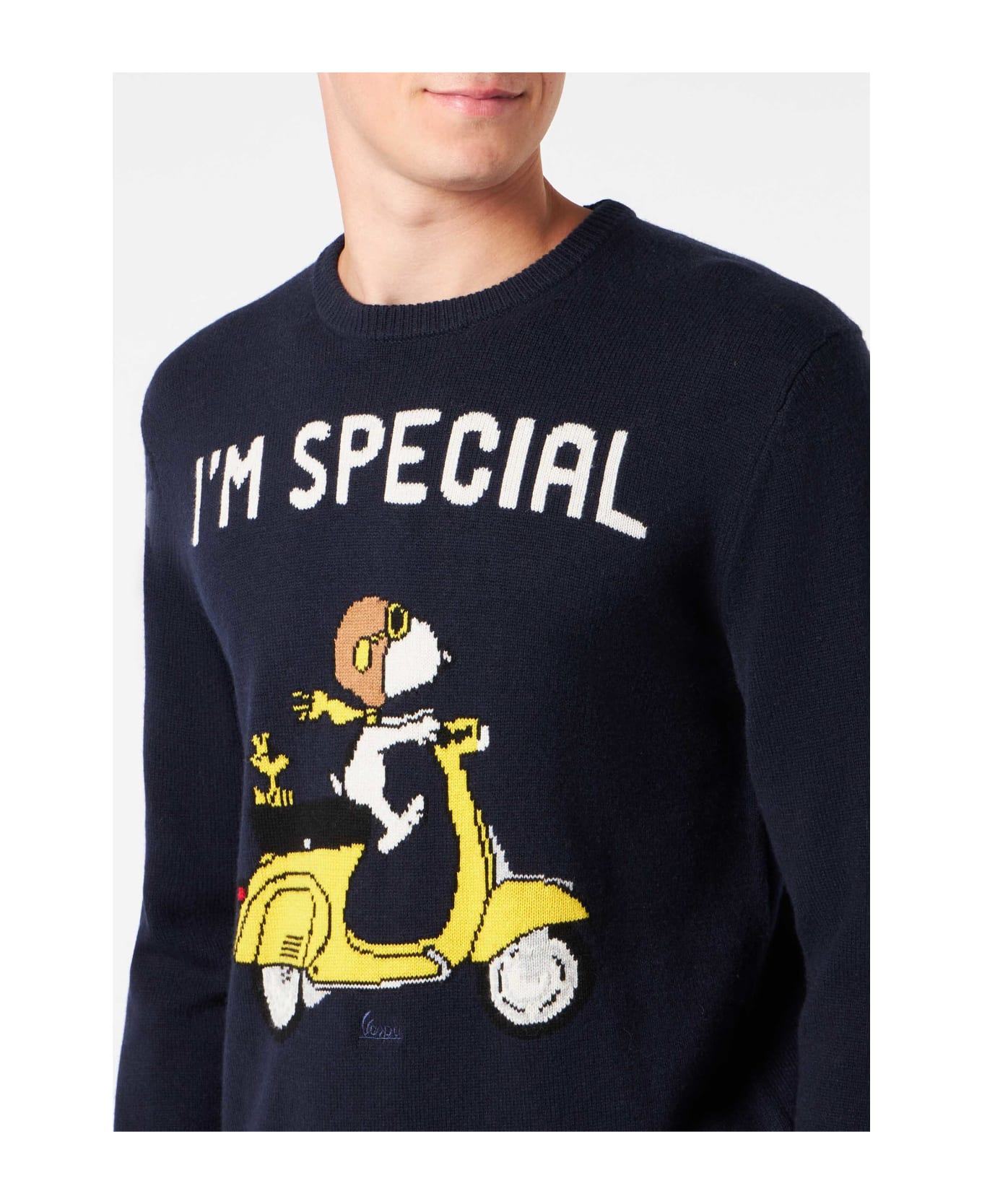 MC2 Saint Barth Man Crewneck Sweater With Snoopy Scooter Jacquard | Snoopy - ©peanuts Special Edition - BLUE