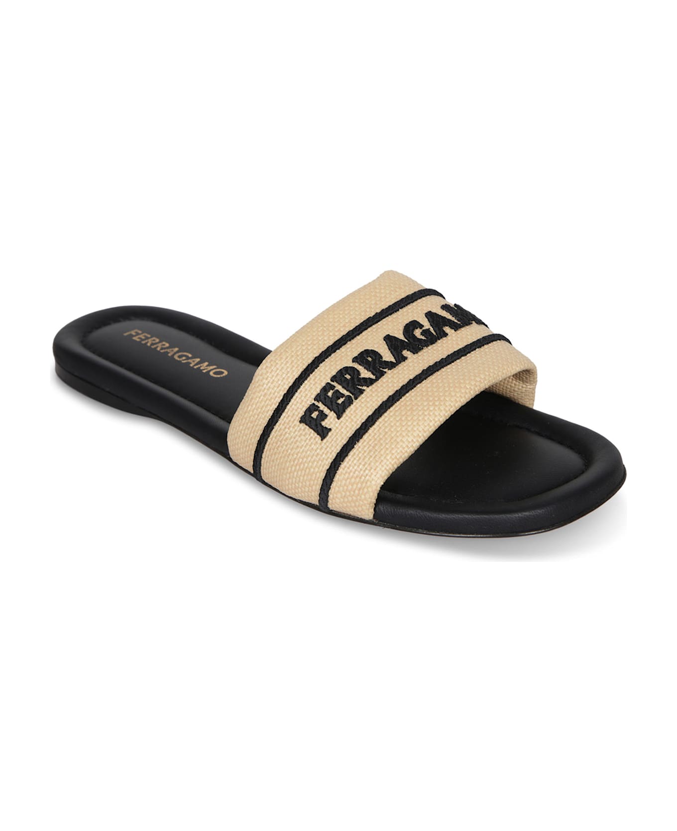 Ferragamo Nappa Raffia Black Sandals - Beige