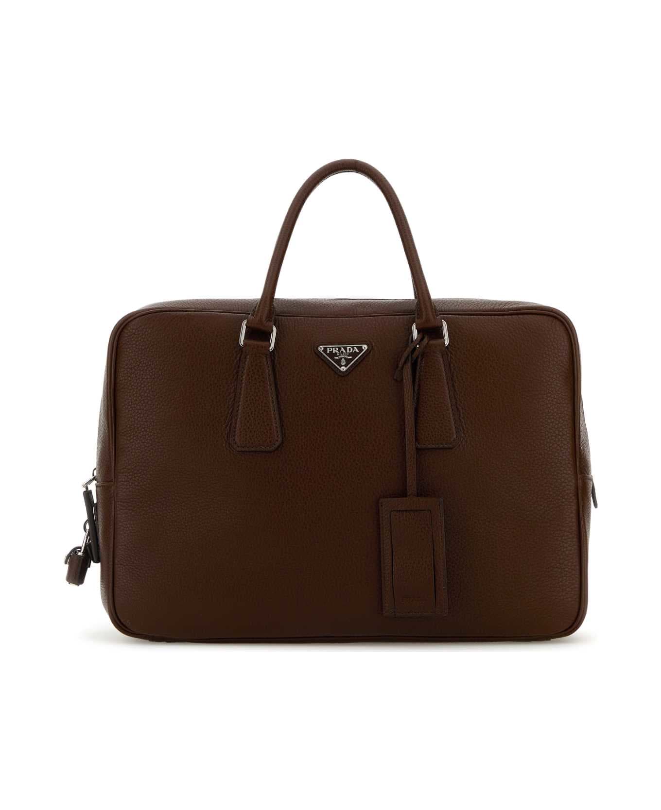 Prada Chocolate Leather Briefcase - BRUCIATO