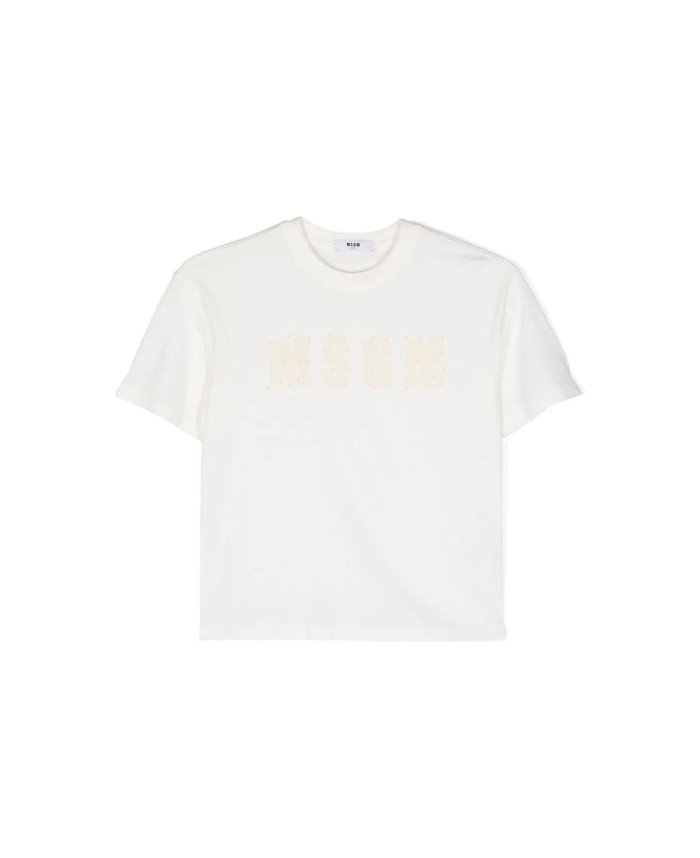 MSGM Cream T-shirt With Logo And Rhinestones - Crema Tシャツ＆ポロシャツ