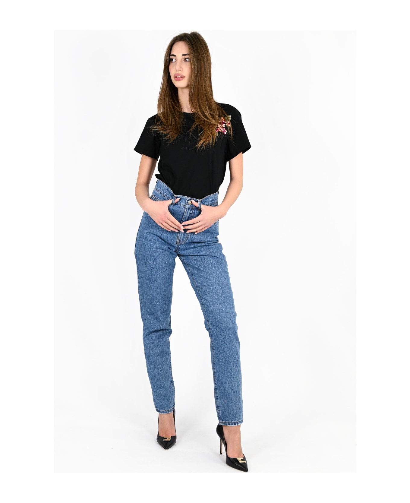TwinSet Slim Fit Jeans With Floral Oval T - Denim
