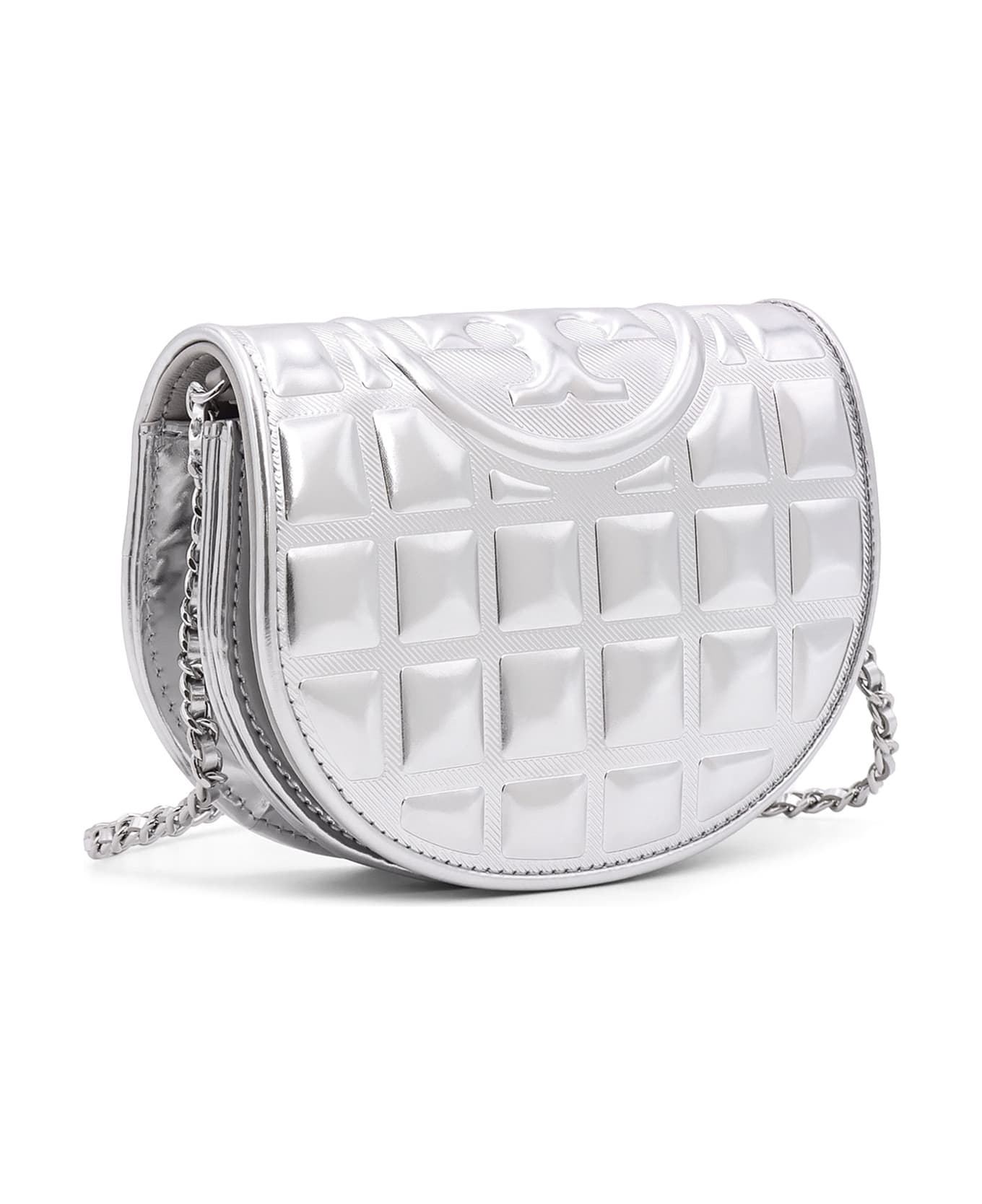 Tory Burch 
fleming Metallic Square Quilt
 Wallet On Chain - Silver