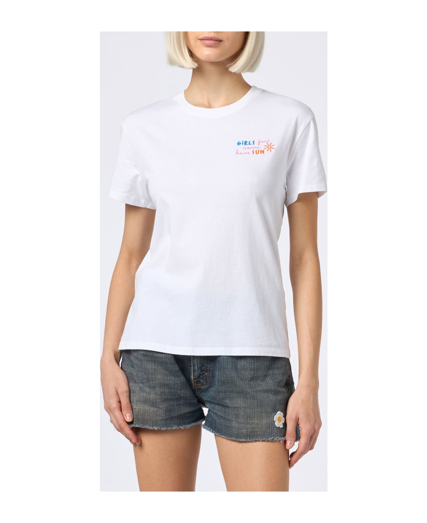 MC2 Saint Barth Woman Cotton Jersey Crewneck T-shirt Emilie With Girls Just Wanna Have Sun Embroidery - WHITE