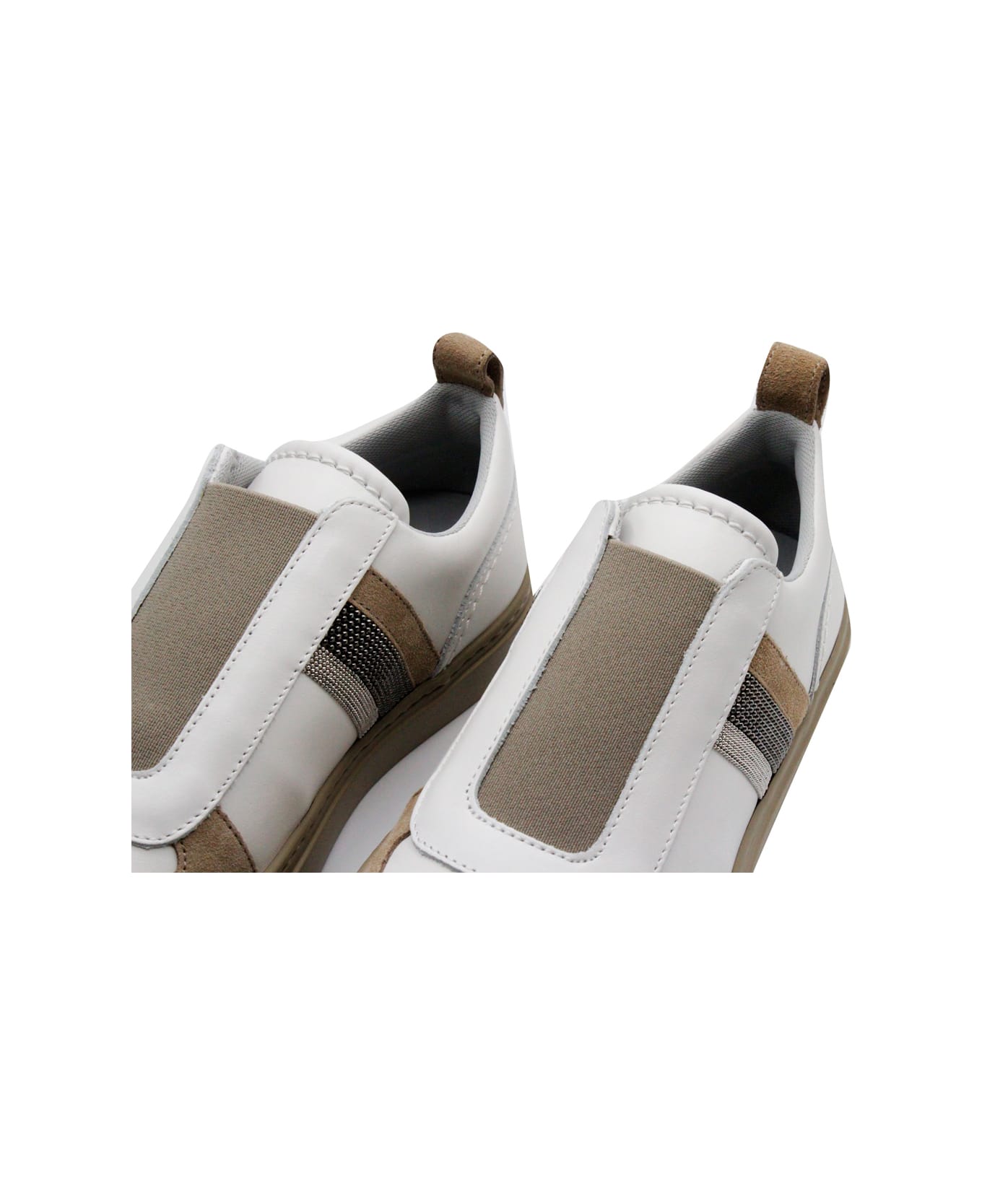 Fabiana Filippi Slip-on Sneaker In Leather With Suede Inserts Embellished With Rows Of Brilliant Jewels On The Sides - White