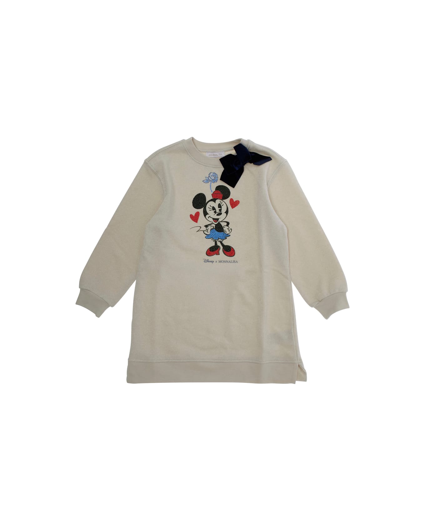 Monnalisa White Crewneck With Bow Detail On The Front And Print On The Front In Cotton Blend Baby - White