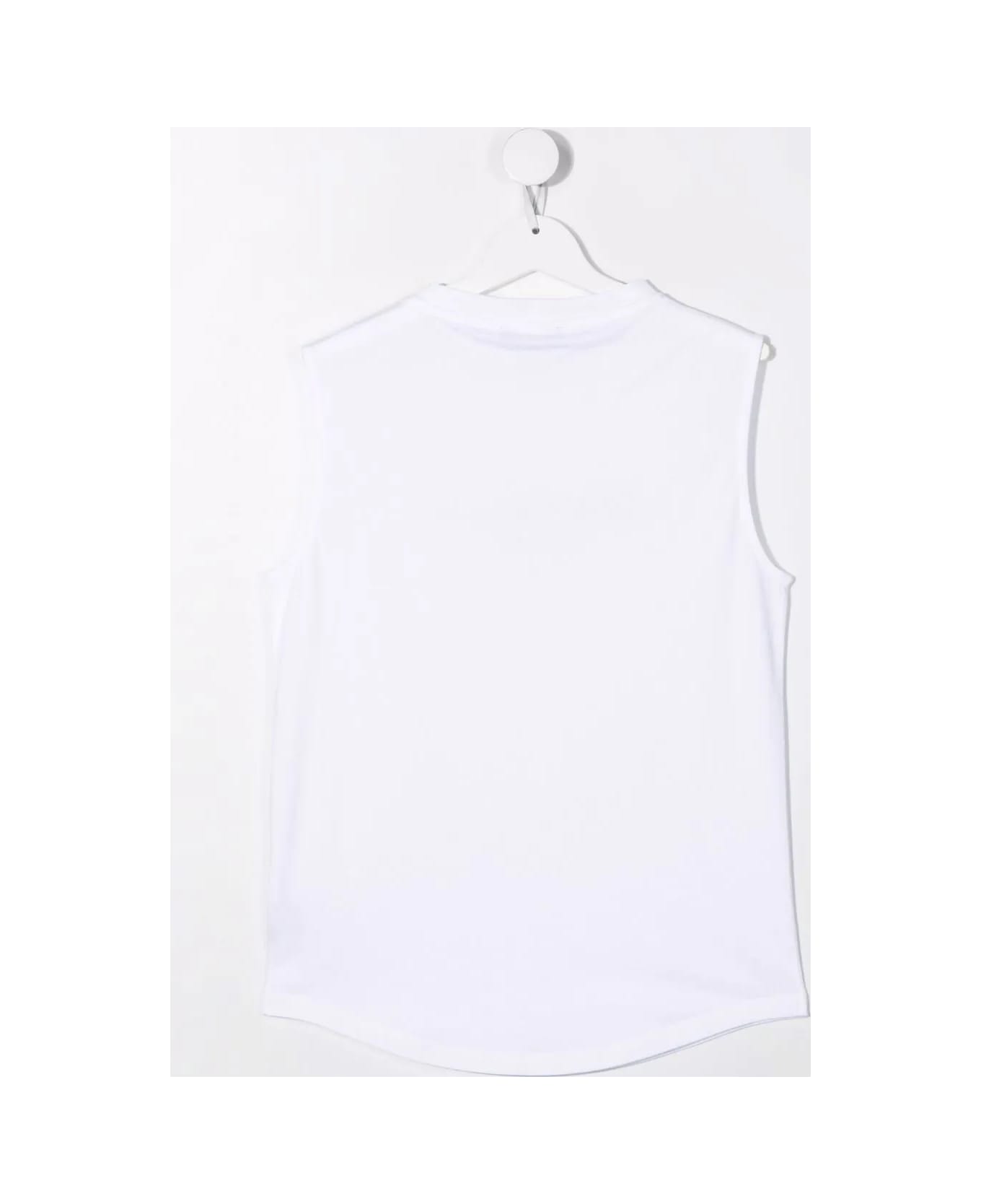Balmain Kids White Sleeveless T-shirt With Black Logo And Golden Embossed Buttons - White