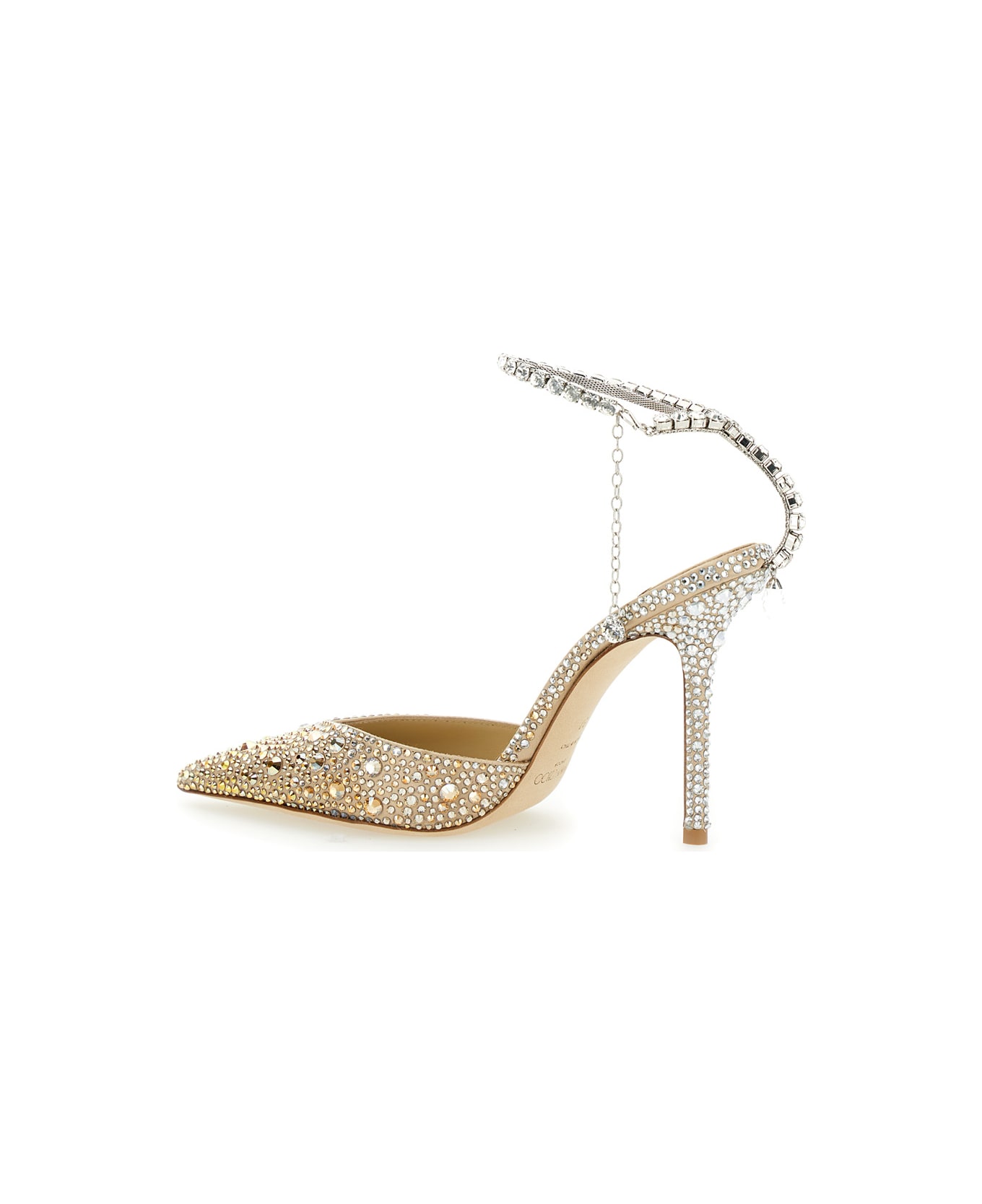 Jimmy Choo 'saeda 100' Gold Pumps With All-over Crystals In Satin Woman - Beige