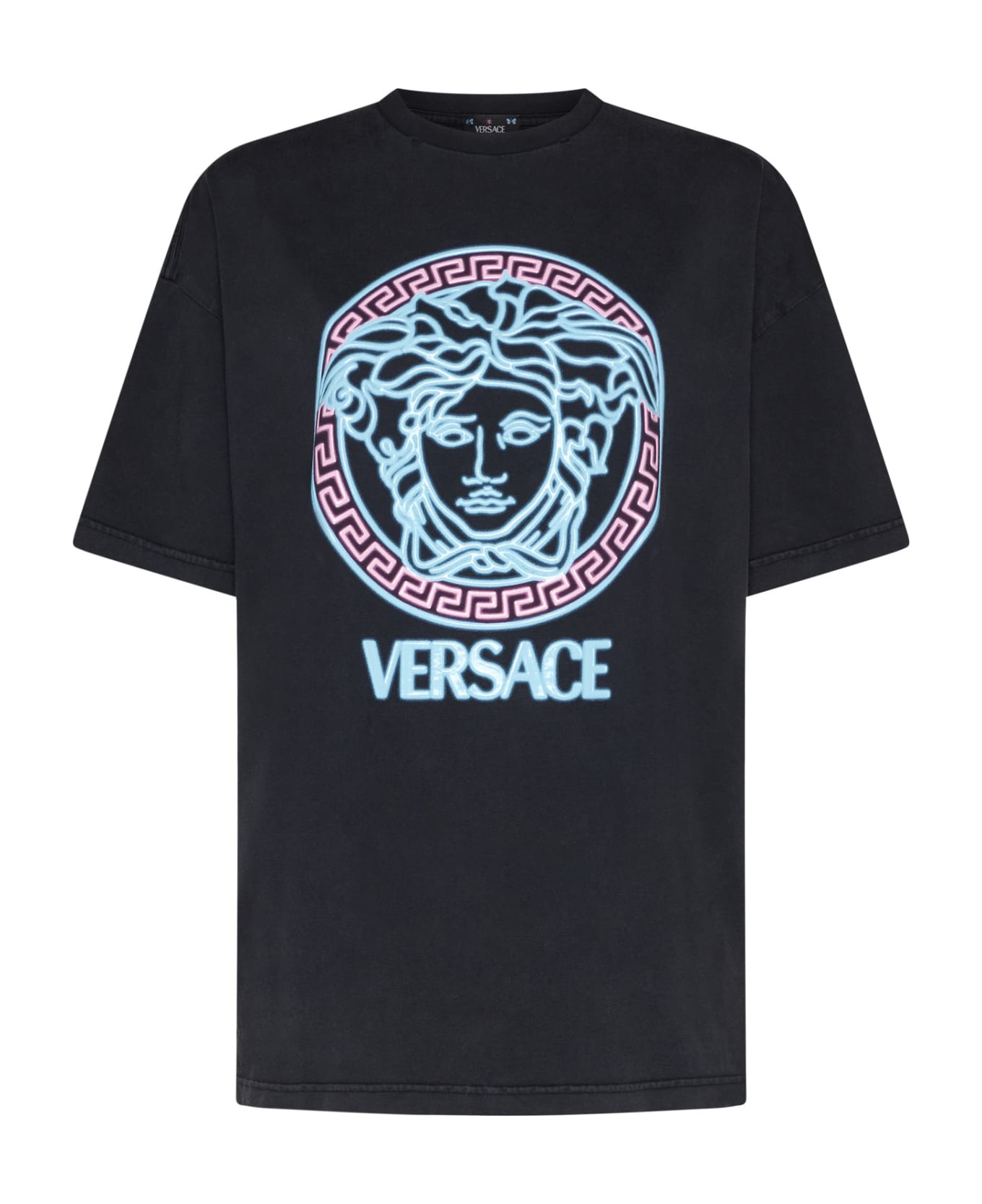 Versace T-shirt With Worn Look - Blacblack+neon azur+neon pink Tシャツ
