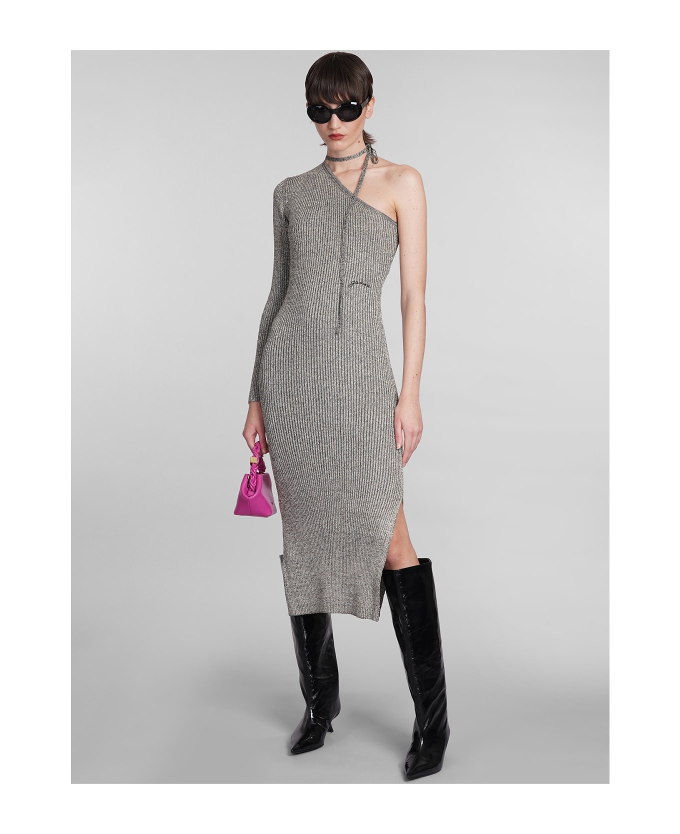 Ganni Dress In Silver Polyester - silver
