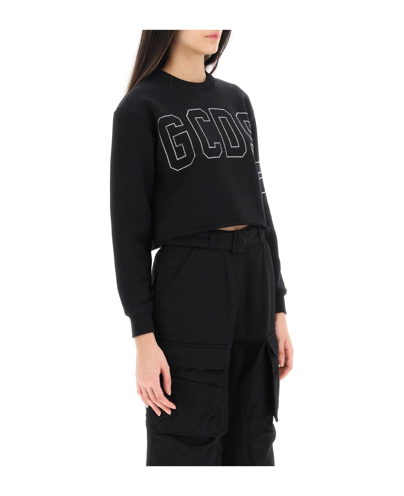 GCDS Cropped Sweatshirt With Rhinestone Logo - BLACK (Black)