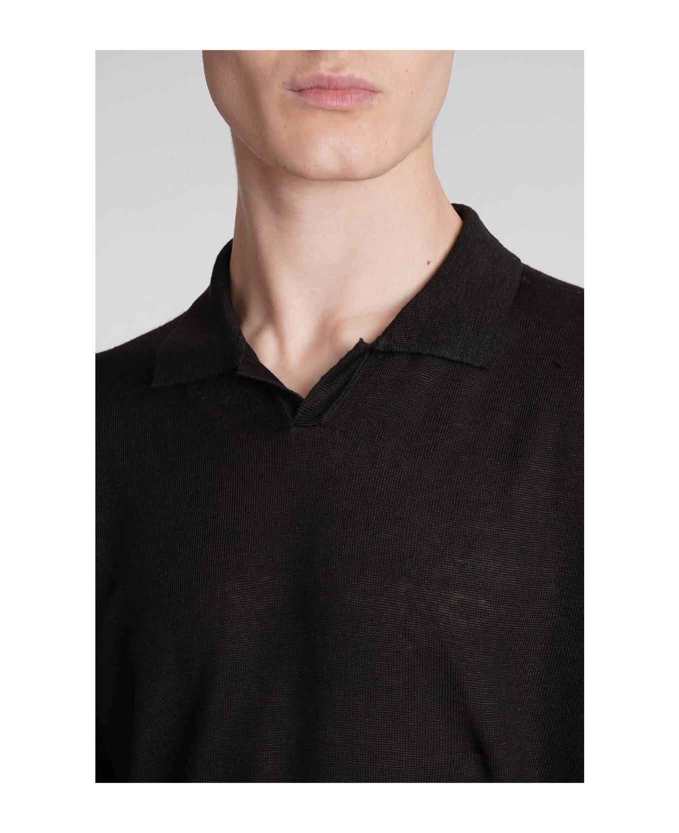 120% Lino Polo In Black Linen - black ポロシャツ