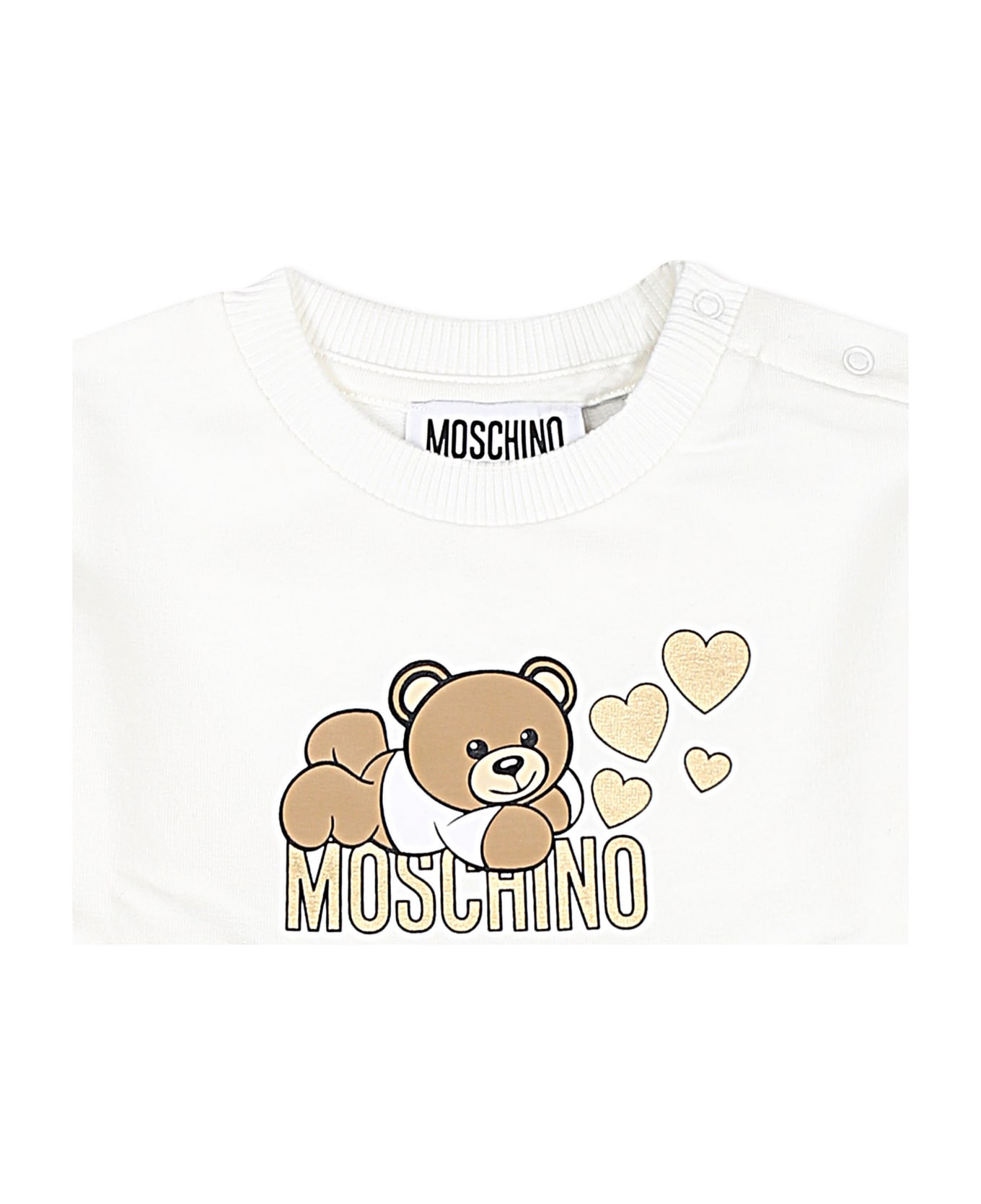 Moschino Ivory Dress For Baby Girl With Teddy Bear And Heart - White