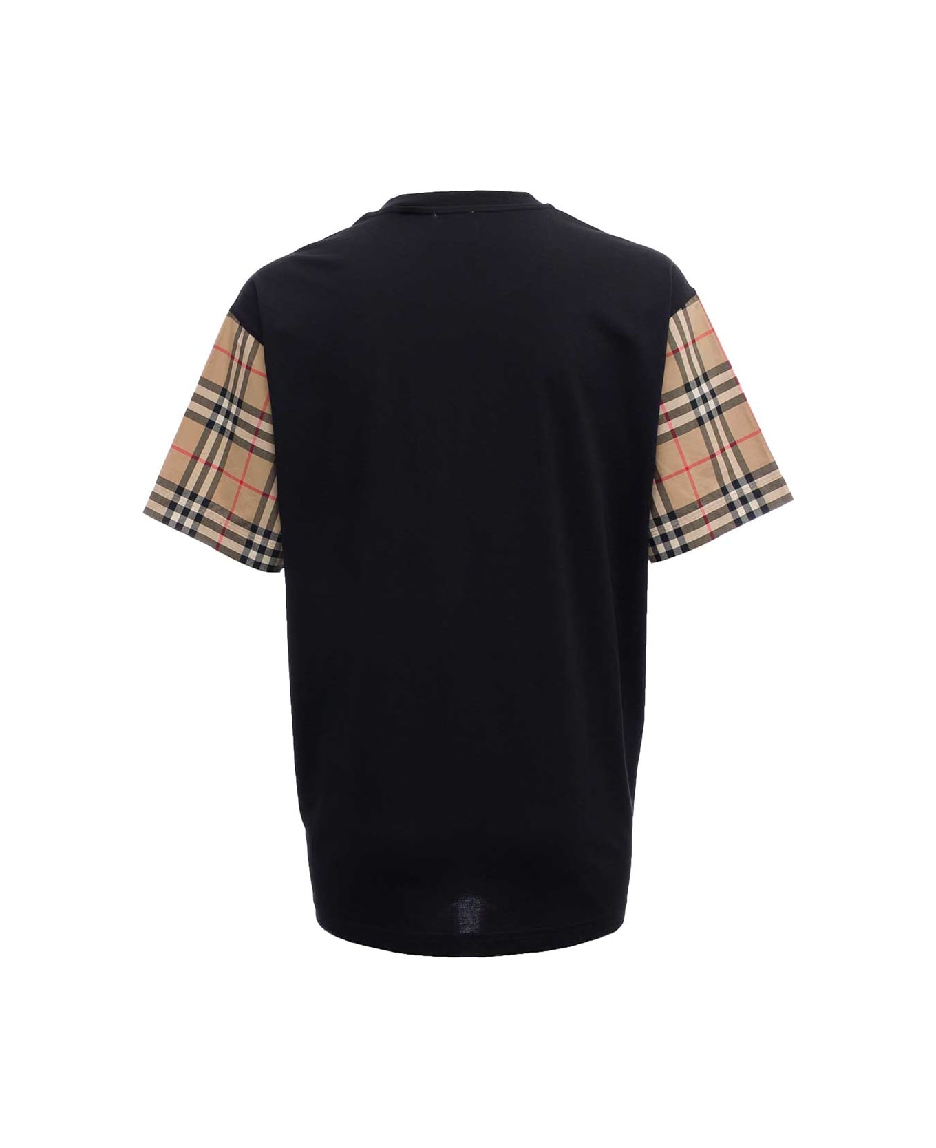 Burberry Black Cotton T-shirt With Vintage Check Sleeves - Black