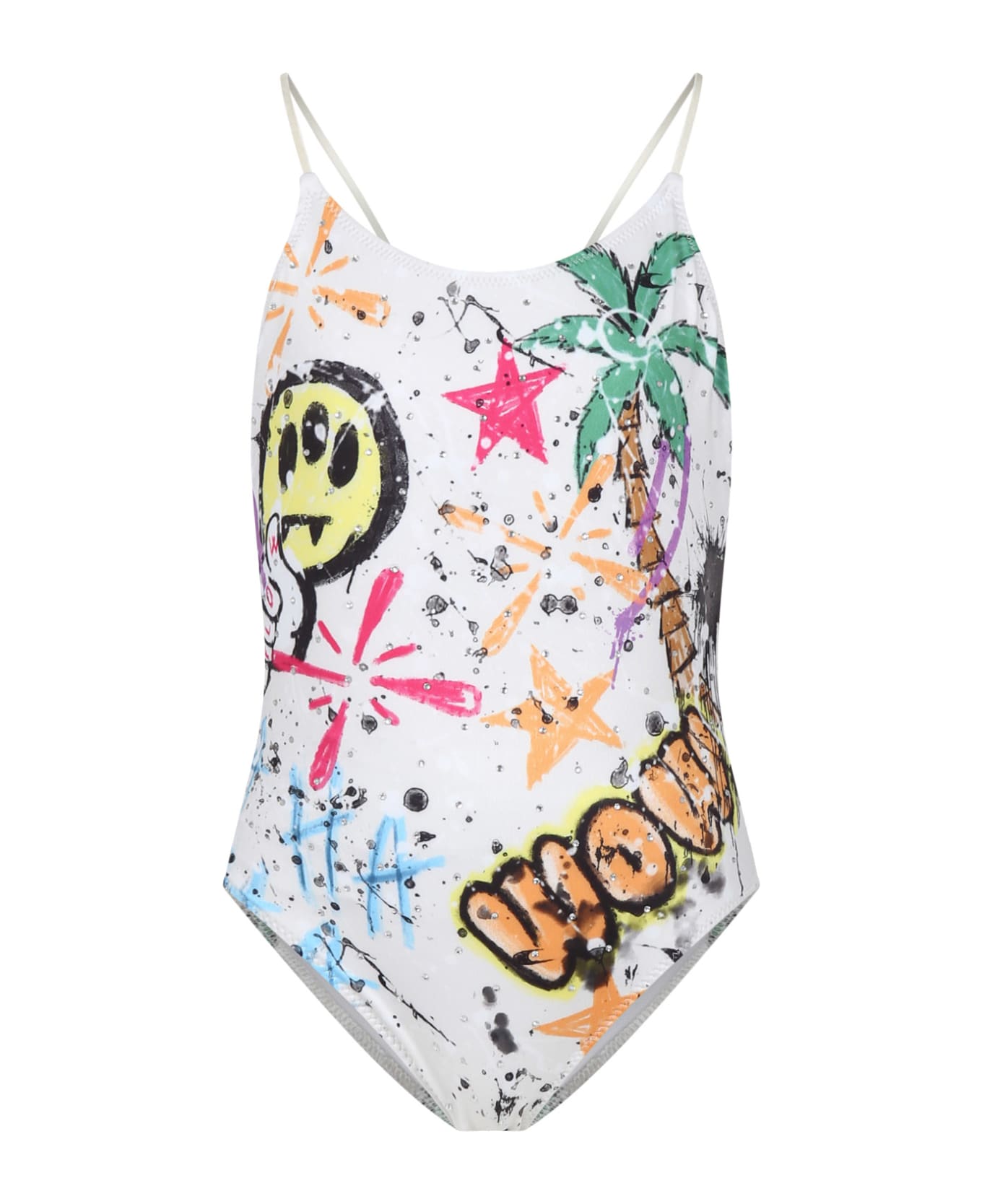 Barrow Ivory Swimsuit For Girl With Palm Tree And Smile Print - Ivory