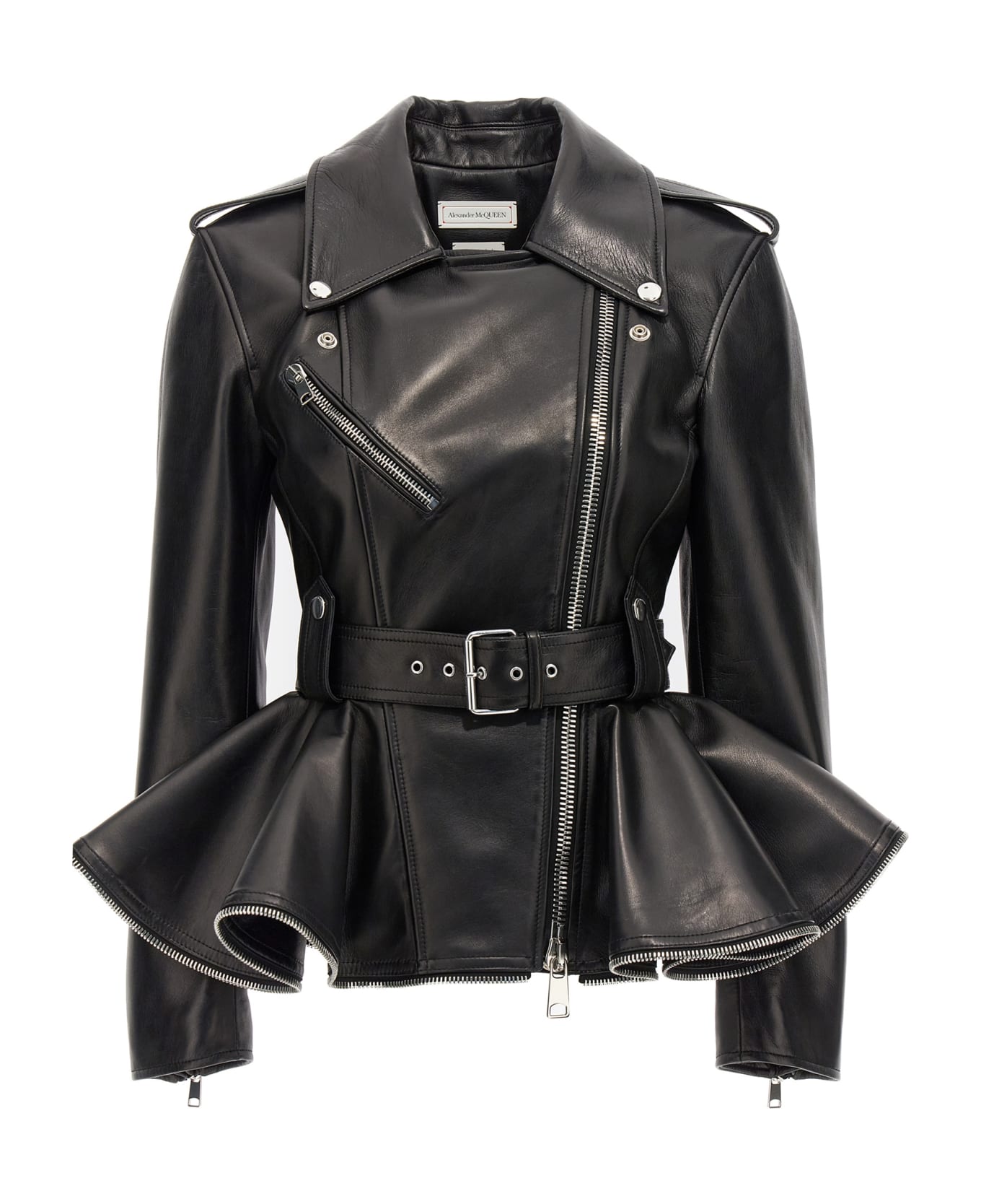 Alexander McQueen Black Biker Jacket With Ruffles And Zip | italist ...