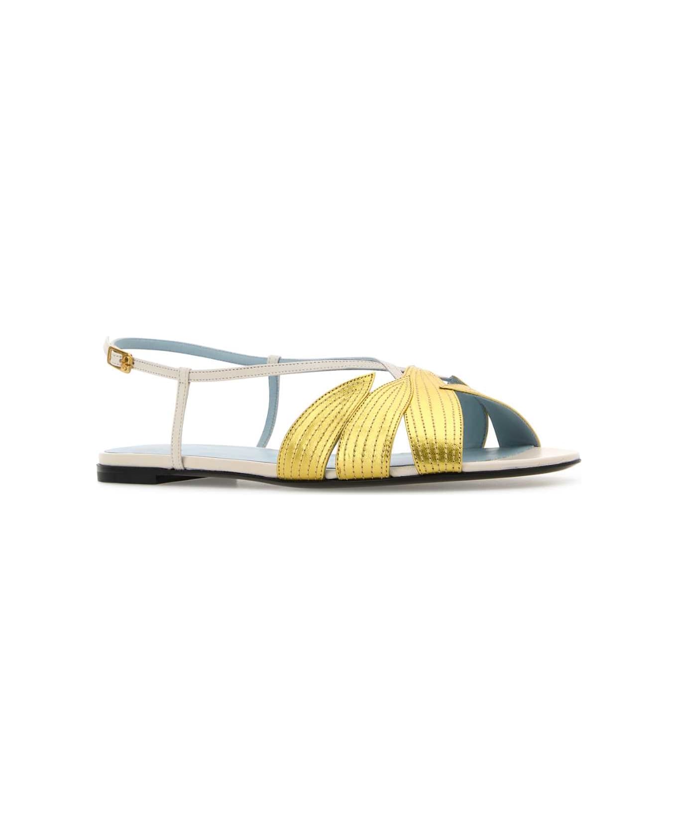 Valentino Garavani Ivory Leather Foliefoliage Sandals - LIGHTIVORYOLDGOLD