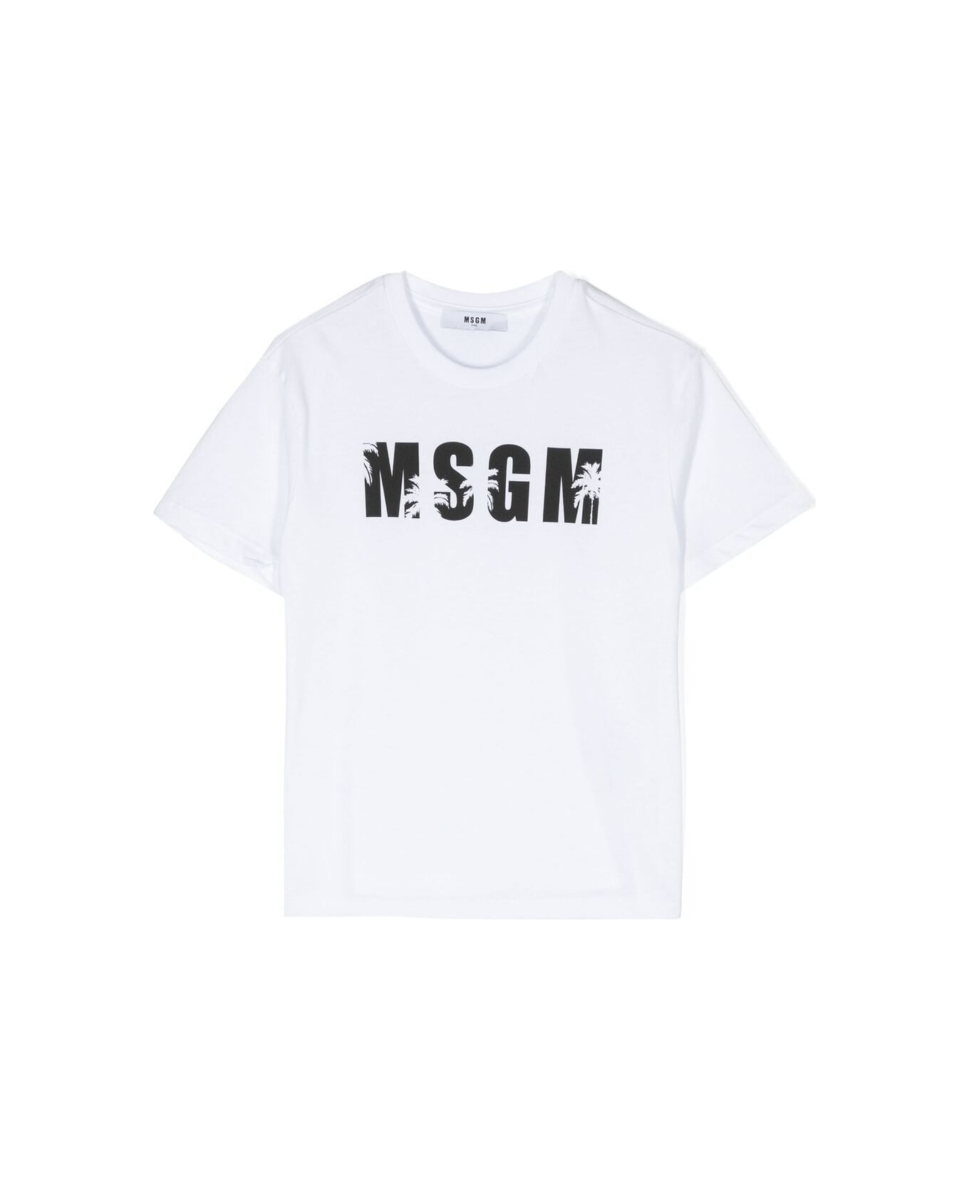 MSGM White T-shirt With Logo And Palm Trees - Bianco