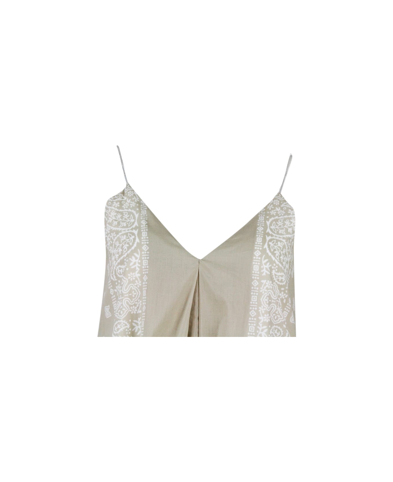 Fabiana Filippi Long Dress In Cotton With Bandana Fantasy Print From The Asymmetrical A-line With Shoulder Straps In Rows Of Brilliant Jewels - Beige