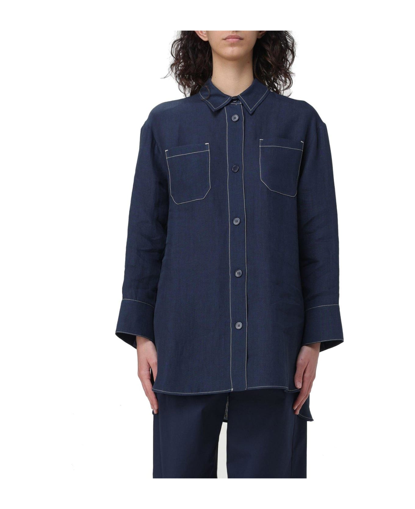 'S Max Mara Buttoned Long-sleeved Top - BLUE トップス