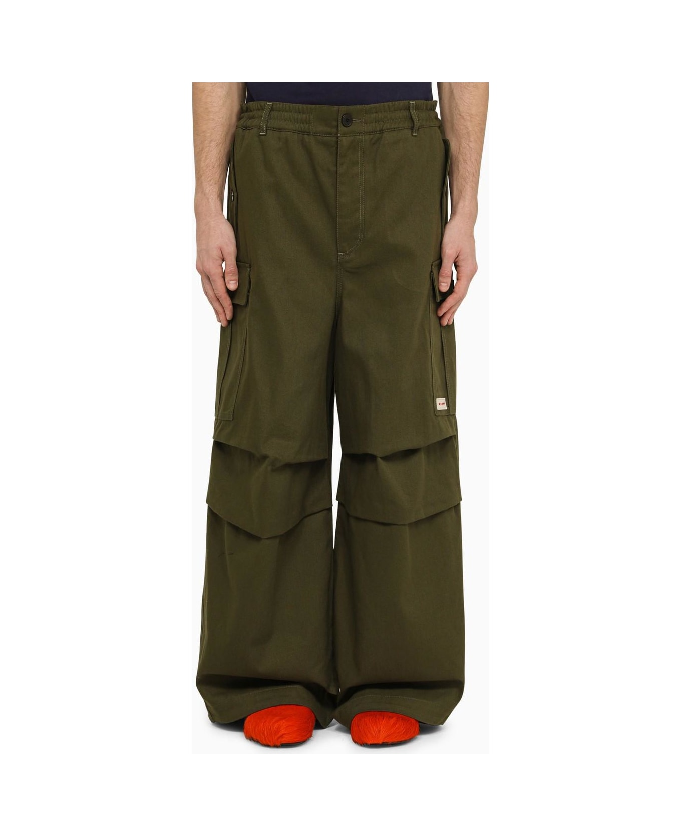 Marni Dark Green Cotton Blend Wide Cargo Trousers - Green ボトムス